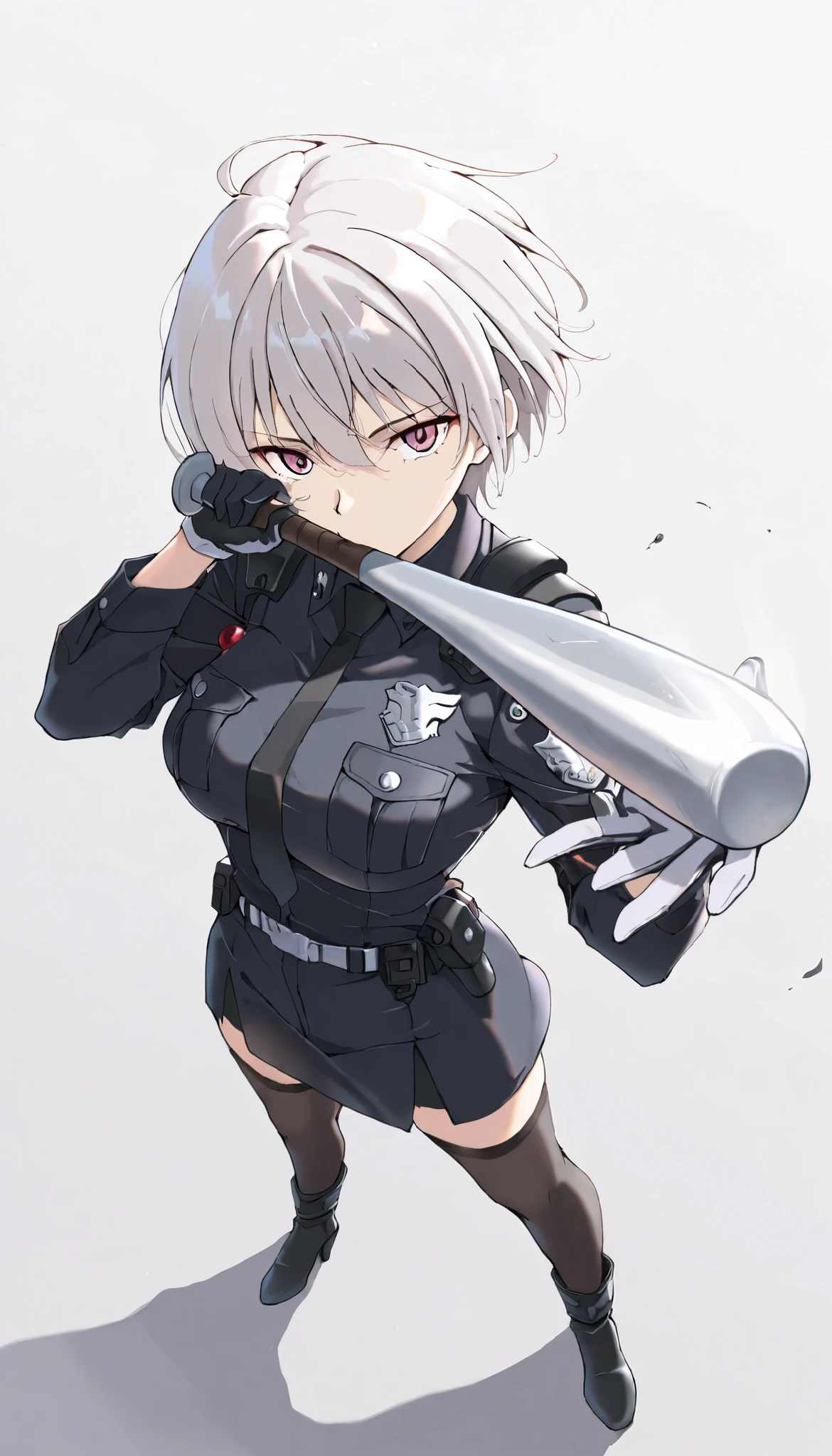 ((masterpiece)), (best quality), 1girl , Alone, simple background, temptation, delicate face, Hold a baseball bat , Battle Pose , full body, silver short hair, long sideburn, Disdainful Eyes, Black Stockings, damaged black police uniform, medium breasts, style: midjourney, white background, from above, two-point perspective , Breeze blowing effect