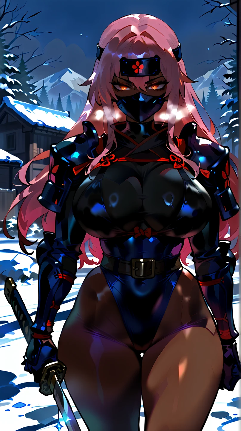 8k_wallpaper, extremely detailed eyes, extremely detailed body, (large masterpiece digital art), (detailed manga illustration), (detailed line art), ((perfect anatomy)), (intricate details:1.3), (ultra-detailed:1.3), (illustration:1.3), (sharp focus:1.3), (natural lighting:1.05), (vivid colors:1.3), (masterpiece), best quality, expressive eyes, perfect face, 1girl, armor, belt, black mask, breasts, gauntlets, (village background), hair intakes, long hair, headband, holding weapon Japanese armor, katana, large breasts, mask, ninja, ninja mask, shoulder armor, skintight, solo, sword, weapon, detailed Pink Hair, detailed (orange eyes), muscular, muscular female, (dark skin), {{dark skinned female}}, ice crystals, snow, ice,