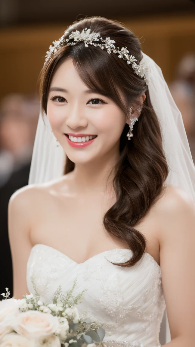 Japanese beauty、(best quality,It&#39;s photorealistic,High resolution),woman,beautiful detailed eyes,beautiful detailed lips,smiling,laughing,cute type,enjoy,Joyful smile,get excited,cozy atmosphere,,magical moments,sparkling,Wedding dress,,love and laughter、looking at the camera、Delicate system、marriage、marriage式