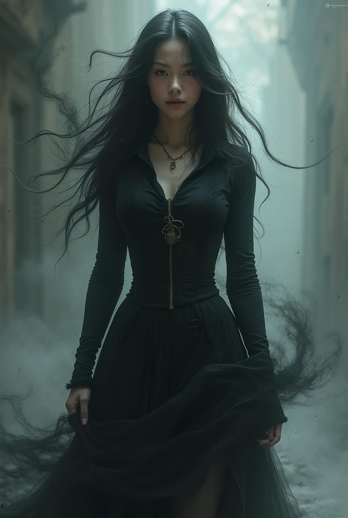 a female ninja with flowing black hair, intricate chained weaponry, chains emanating from all directions, chains flying randomly towards the viewer, strong sense of depth and perspective, highly detailed, ultra-realistic, cinematic lighting, dramatic color palette, masterpiece, award-winning digital art
