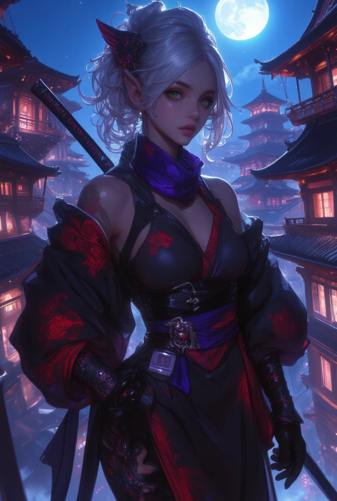 Krenz Key Art Feminine, highly detailed art germ, Ruan Jia and Artgerm, Onmyoji detailed art, beautiful character drawings, Loss Draw Sakimimi-chan, Artjam and Luan Jia, magnificent exquisite character art, lady in red armor, by Jan J., beautiful female samurai painting, Demon woman with a metal rod, Suronin, Shura Road, A skilled female swordsman, Ghost Girl, The beginning of the red light district, scary demon courtesan, scary demon woman, knife, 妖knife, knife, 長いknife, 赤いknife, knife, knife, knife剣, 抜身のknife, strong female samurai, 2book corner, mouth with fangs, Eyes without pupils, Hyakka Ryōran, Flower of Shura, Lord of Chimi-Mourou, The demon queen who rules over the darkness of Kyoto.,Ruthless ruthlessness, Atrocities, Cold-blooded, cruel, platinum blonde demon, Beautiful red kimono, Female Yakuza, Doji Ibaraki, Shuten Douji, highest quality, perfect angle, perfect composition, The perfect subject, best shot, official art, cinematic light, figurative art, Beautiful and expressive paintings, Beautiful artwork illustration,cool beauty, sharp outline, pretty much beautiful face, The demon lurking in the darkness of Kyoto, Lord of Chimi-Mourou, Ruthless ruthlessness