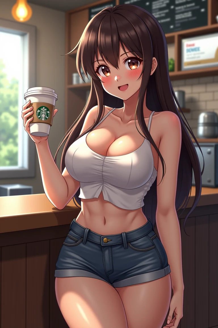 ((masterpiece)), ((best quality)), (ultra-detailed), ((cinematic light)), ((extremely detailed)), (8K), girl in a bikini with a cup of coffee, seductive, 1girl, solo, 24 years old, long curly brown hair, bangs, brown eyes, (smile), blush, (white lingerie), huge breasts, cleavage, navel, open green jacket, holding a cup of coffee, kitchen, detailed background