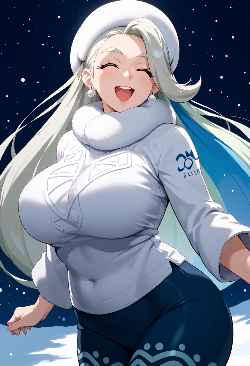 big breasts (hoodie) Big smile, long white hair, hat