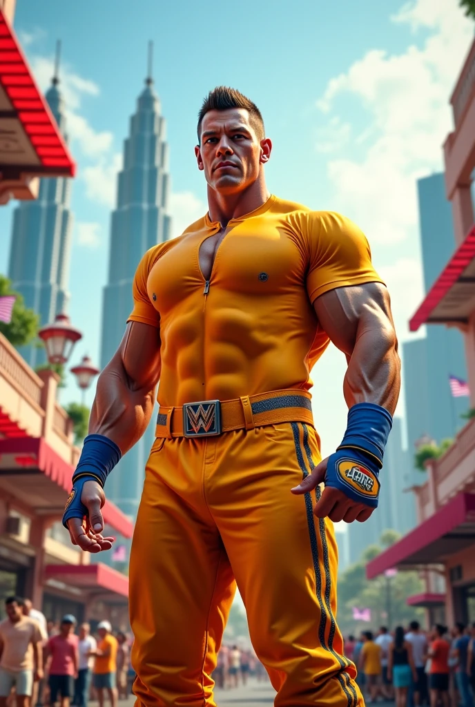 create a character with a strong human body and a jaguar head, shorts dourados, Frente, fisiculturista, Corpo todo, logo