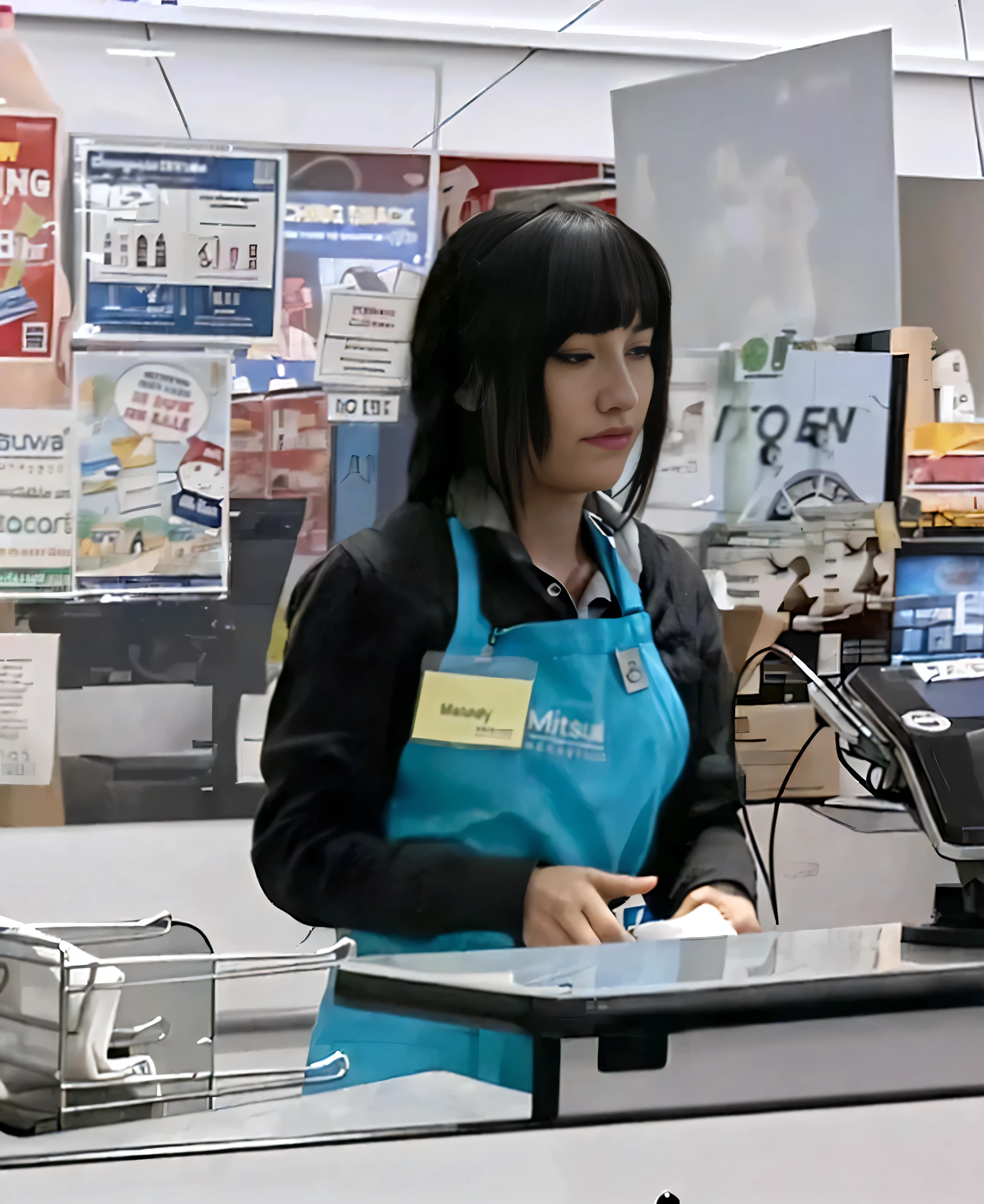 HOT CUTE Japanese girl (20yo) in blue apron standing at cash register in store, at checkout, light makeup, She is looking down focused, (Detailed perfect facial details), (((ultra detailed skin, Lifelike, 4k hd, DSLR, lifelike, masterpiece, natural lifelike perfect color, perfect clear lighting, breathtaking lifelike details, perfect anatomy, super detailed skin, beautiful face ultra-detailed hyper detailed face、Detailed lips、A detailed eyes, (realistic, photorealistic, photo-realistic:1.37) (Realistic), (RAW Photography), ((best quality)), (Detailed perfect facial details), ((((hyper real photo, hyperrealistic, hyperrealistic picture)) , perfect anatomy, super detailed skin, (((ultra detailed skin, Lifelike, 4k hd, DSLR, lifelike, masterpiece, natural lifelike perfect color, perfect clear lighting, breathtaking lifelike details