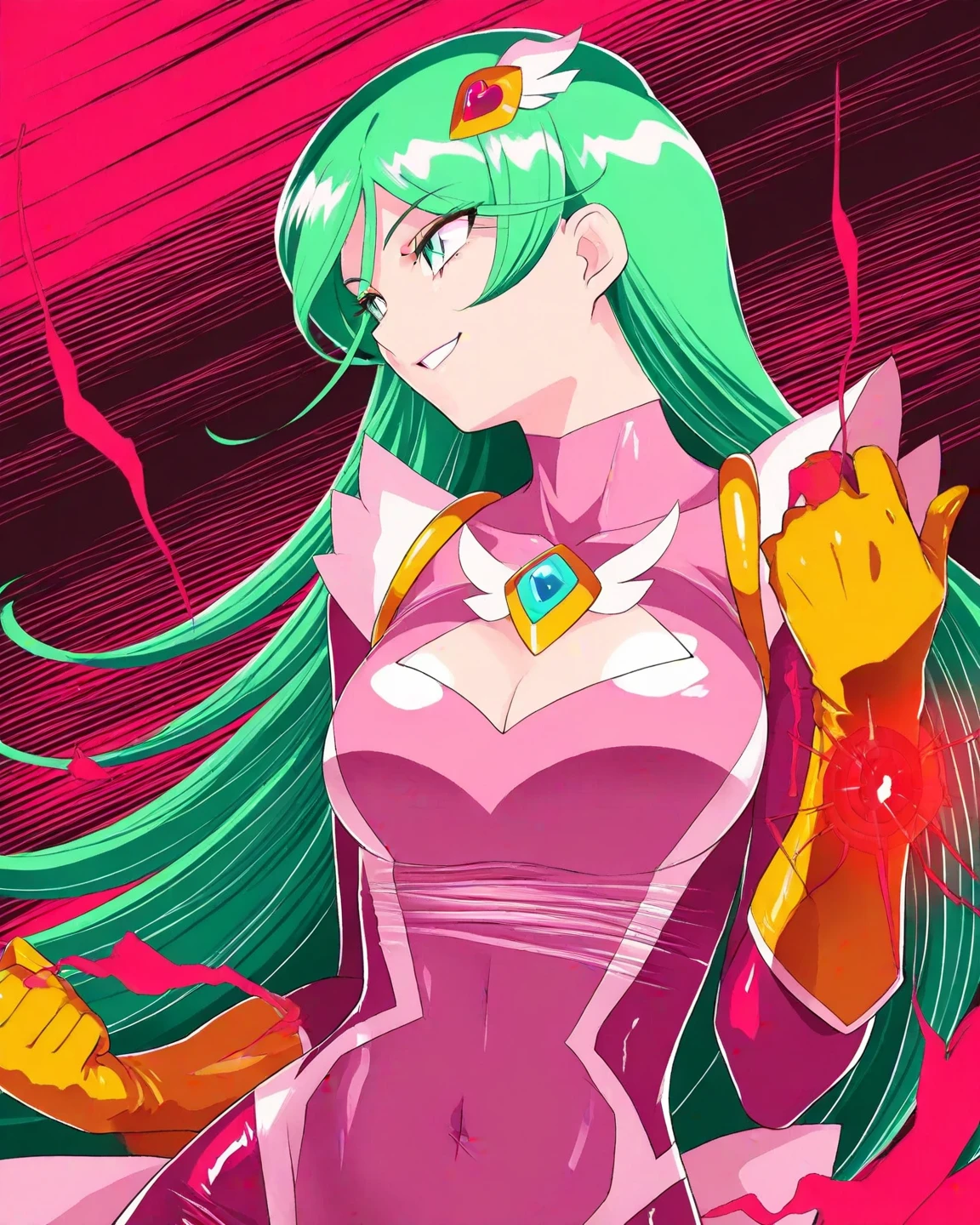 Female Combatant、Green haired Japanese girl、Close-up of a girl in a red leotard、Red shiny leotard、Black fishnet stockings、Black boots、Saiyan Girl, wonderful, Nano Girl, Female body type, Inspired by Hiromu Arakawa, Anime Manga Robot!! Anime Girls, Fubuki, Full Body Suit, by Hiromu Arakawa、wonderful, silk, Beautiful and attractive anime , Anime Girls of the future, tears,Drooling,Pee,Sweat,Tongue out,incontinence,Peeing、Estrus、Eyes wide open,Estrus,Blushing,Nipples are erect,Face is hot、Lust、incontinence、Armpit Hair、pubic hair、Nipples are erect、My crotch is wet、Stabbed with a sword