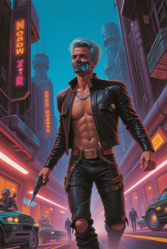 vntgpstr of a cyberpunk man in a street<lora:vintage_poster-000003:1>