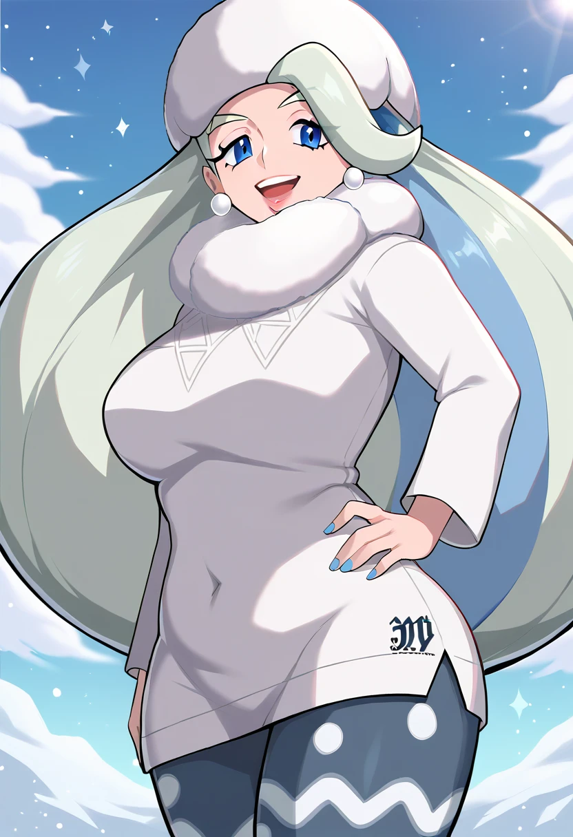 highest quality、masterpiece、High resolution、Pokémon、melon、Features voluminous silver hair with light blue mesh。 A uniform with a white-based design, typical of a snowy region, with a white collar and hat.、wearing earrings。 Kirks Town Gym Leader、User of ice type Pokemon。The Ice、spartan guidance、「fecundity」、When releasing Kyodai Max(Among the gym leaders)Only she has a heart effect added.。long hair、blue eyes、big breasts、Stimulation、(Plump、Plump:1.3)、white cast、Fur hatature woman、wide hips、round face、big butt、big butt、thighs、pantyhose、long hair、white footwear、white hat、Fur hat、mature woman, (see-through panties), nsfw