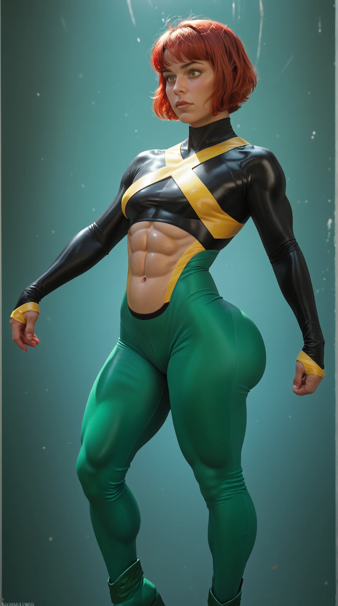masterpiece, best quality, masterpiece, best quality, agrias, black sweater, black leotard with a midriff cutout, standing, looking at viewer, blonde short hair, superhero, boots, highleg, blue eyes, black gloves, , detailed face, muscular
