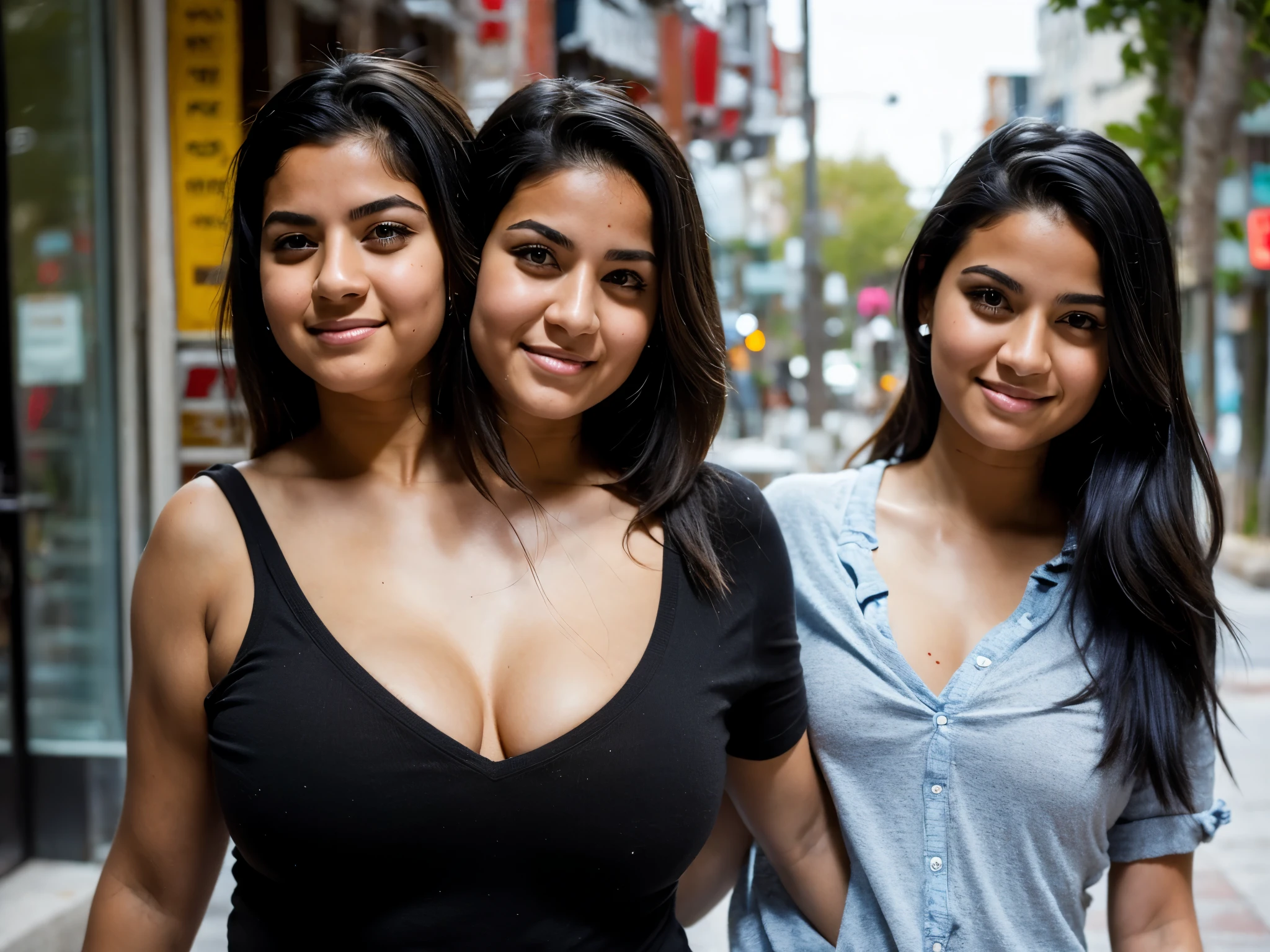 Isabel Merced, three girls in dresses posing for a picture (long bob_cut hair), smiling, sitting outside at a cafe in greece seaside, (skin texture:1.1), (high detail face:1.1), full bodyshot, high detail body, high detail clothes, (big breasts:1.3),(masterpiece), (realistic), ultra high definition, 4k, ultra high resolution, cinematic lighting, rim lighting, photo by Arny Freytag, RAW image