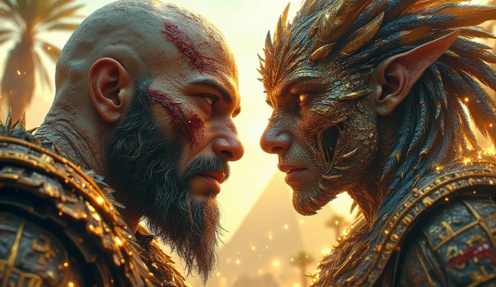 a man with a crown on his head and a statue of a demon, escultura realista de 8k bernini, CGSetivity UHD 4K altamente detalhado, biblical epic movie, cinematic unreal engine 5, cinematic digital art, unreal engine 5 render dramatic, ainda de um filme de fantasia, filme ainda de god of war, estilo fantasia 8 k octane render, Cinematic epic 4K