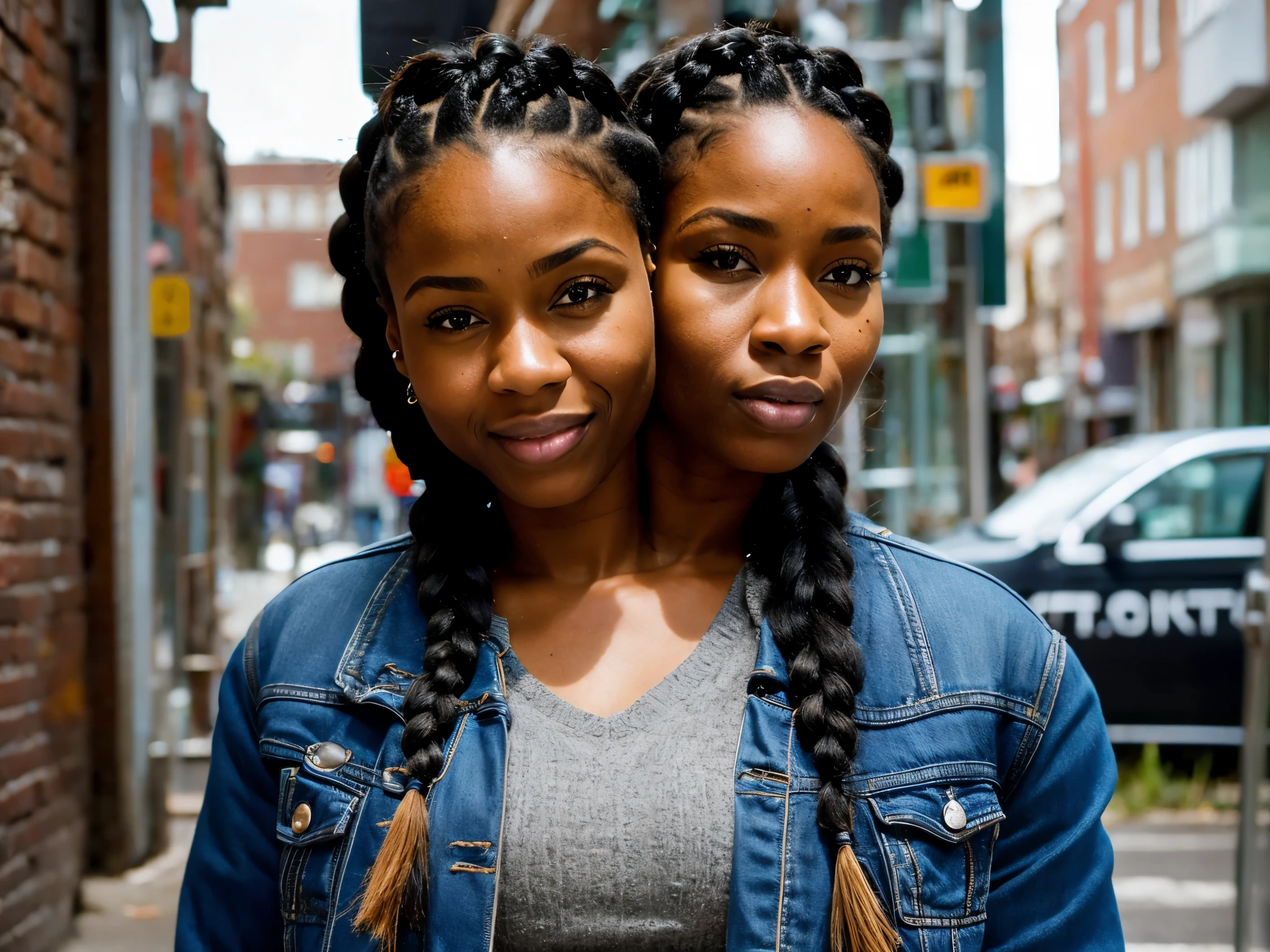 full shot of an attractive african, ((dark-skinned )) ,Has the perfect face shape , ( smooth forehead))((long eyelashes)), petite body shape ,hourglass figure, big brown eyes , , cute lips, and has a breathtaking ((smile and deep dimples)),(( girl with dimples)) , (( perfect cornrows hairstyle))she poses for a picture, wearing a black tank top and pink satin skirt,outdoors at a busy street, ((girls with dimples)) realistic textures