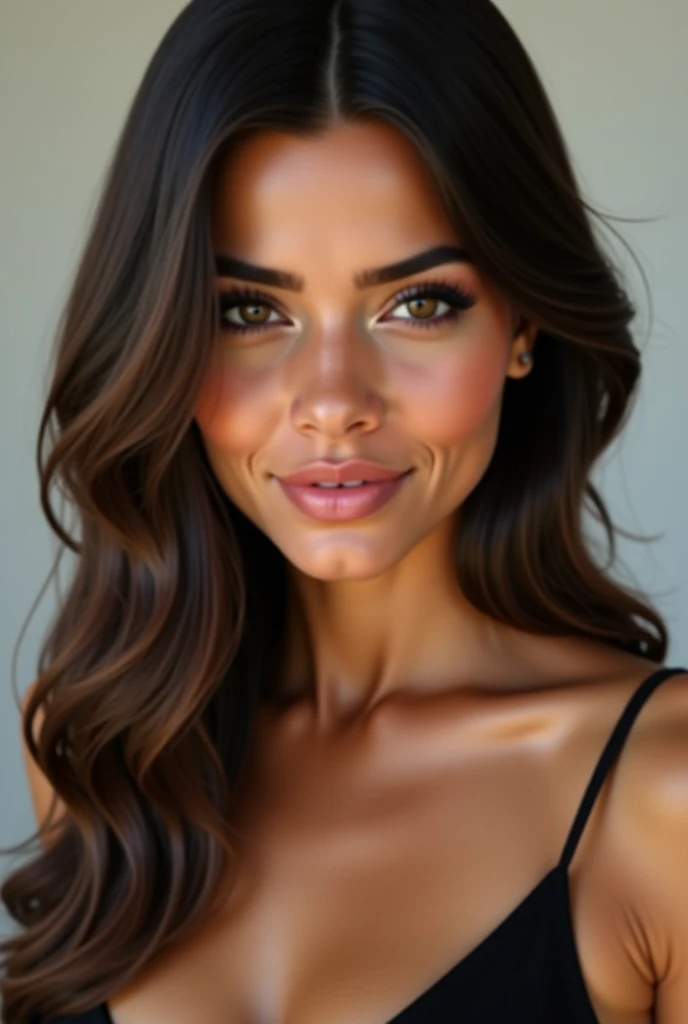 Jeune femme, 25 ans, espagnole portugaise, 1m60, le corps mince, belle grosse poitrine, peau matte et bronzée, cheveux châtains foncé et ondulés avec du volume, yeux en amandes de couleur verts gris, souriante avec les dents ultra blanches, lèvres pulpeuses, beaucoup de charme, naturelle, pas de tâches de rousseur sur le visage, résolution 4K, ultra réaliste, photo entière de son visage et de son corps de face, nu