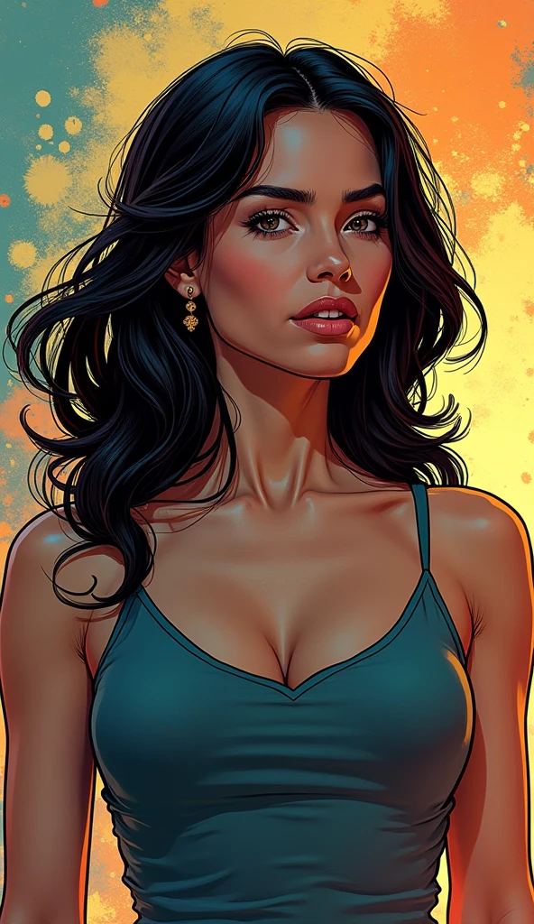 ((work of art), best qualityer, high qualiy, professional quality, highy detailed, high resolution, perfect lighting, natural lighting), style of joe maduereira,comic-book style,dskyart1, Being compressed or expanded, one piece swimsuit, Heiress, 小柄, fine tune, triangular face, skin fair, dark brown hair, amber eyes, Narrow Nose, fleshy lips, Prominent Chin, hair to the shoulders, Wavy hair, Updo formal, asymmetrical breasts, dangling earrings, lavender stain lipstick, Dripping liquid cascades, Misty river valley,visionary, state-of-the-art laboratory, A volcanic planet with constant eruptions and rivers of lava, providing abundant geothermal energy to its inhabitants., post-apocalyptic desert, vampyre