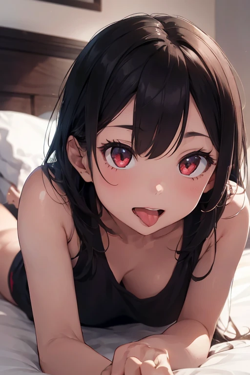 quality, 8k, 4K, High Contrast, masterpiece:1.2, 最high quality, Best aesthetics), ((1 female)),(((Crouching))), bright eyeshadow,((extra short hair)),((naked)), (Dark Room Background), (Beige lace bra), ()下半身はnaked, Female genitals in full view,Pubic hair grows thinly, Transparent Background, (Staring at me), Sleepy eyes, High Contrast, Contrasting colors, Black Hair, Red eyes,, Small star-shaped earrings in both ears, ((low angle shot)),Grown-up face