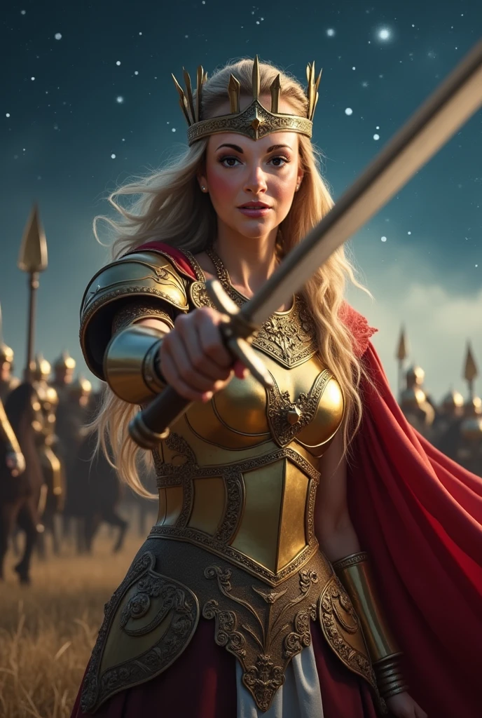 Joan of Arc Abundant hair, rather blond, barely concealed under a cap; full cheeks, a fair complexion, a well-drawn mouth and magnificent blue eyes that light up the face