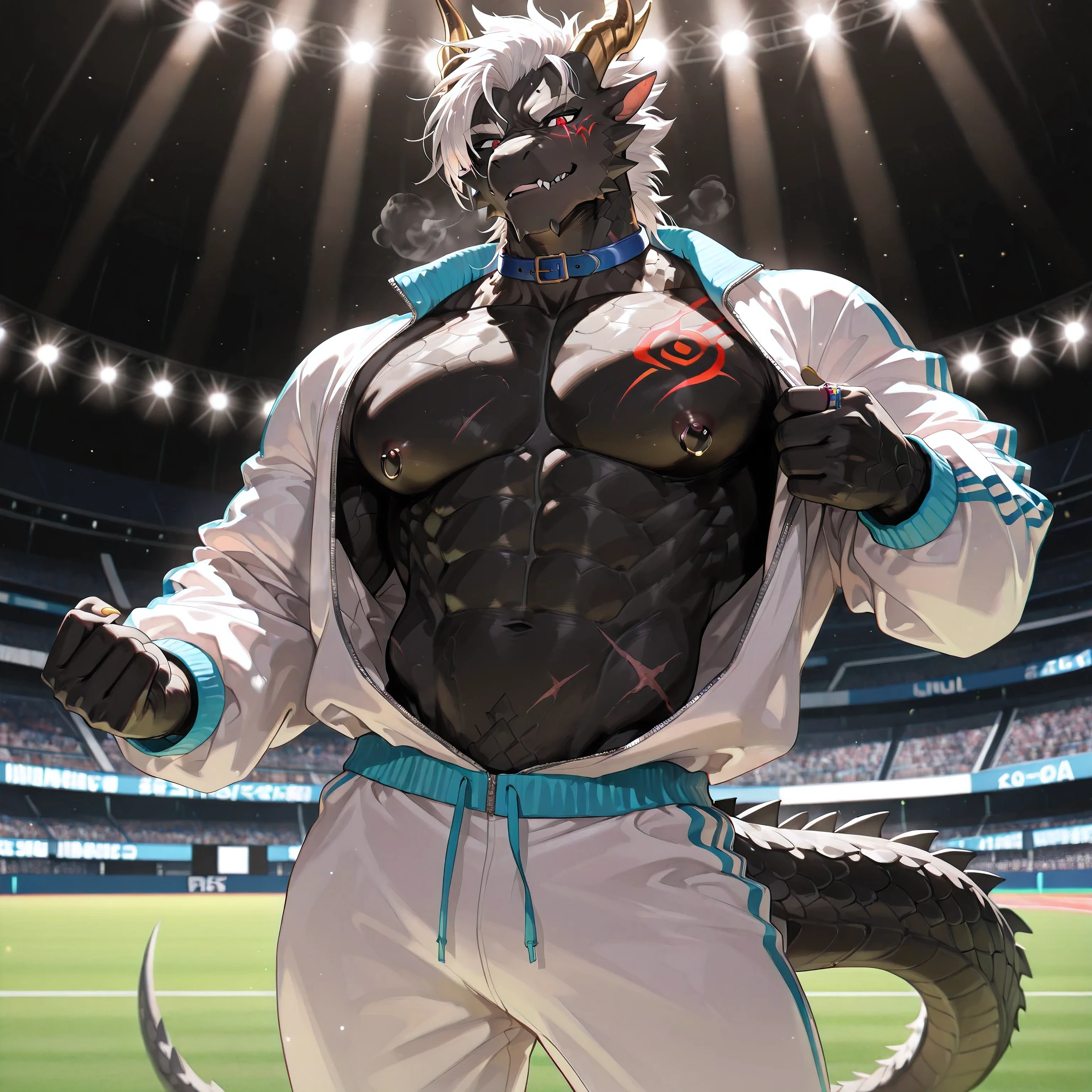 masterpiece,best quality,amazing quality,very aesthetic,absurdres,newest,volumetric lighting,holographic colors,ultra Realistic,3D viewer,high detailed,best quality,high res,pinup pose,very aesthetic,close half body portrait:1.5,(Muscular,Big muscles,Muscular male furry:1.1),alone,alone,1male furry,Black Oriental Dragon ,Black Dragon Scales,white belly skin, with a colorful ring on a golden dragon horn,delicate eyes,detail eyes,Heterochromic eyes, one red eye , one golden eye , Obvious scars on the face , black body mark ,5 fingers,5 toes,paw,golden nails ,white hair,Tail cluster , black body mark ,Wear a delicate white tracksuit,全身Wear a delicate white tracksuit, Wearing white pants with a red pattern :1.4, Wearing a blue collar on the neck ,Nipple Rings,Standing in the stadium :1.5, Indoor Stadium ,Standing in the stadium ,Breathe loudly,looking at viewer,front viewer,by estper:0.5,by fuzichoco:0.7,by zerofox1000:0.6,by null-ghost:0.8,BREAK masterpiece, best quality, amazing quality, very aesthetic,highres, absurdres,