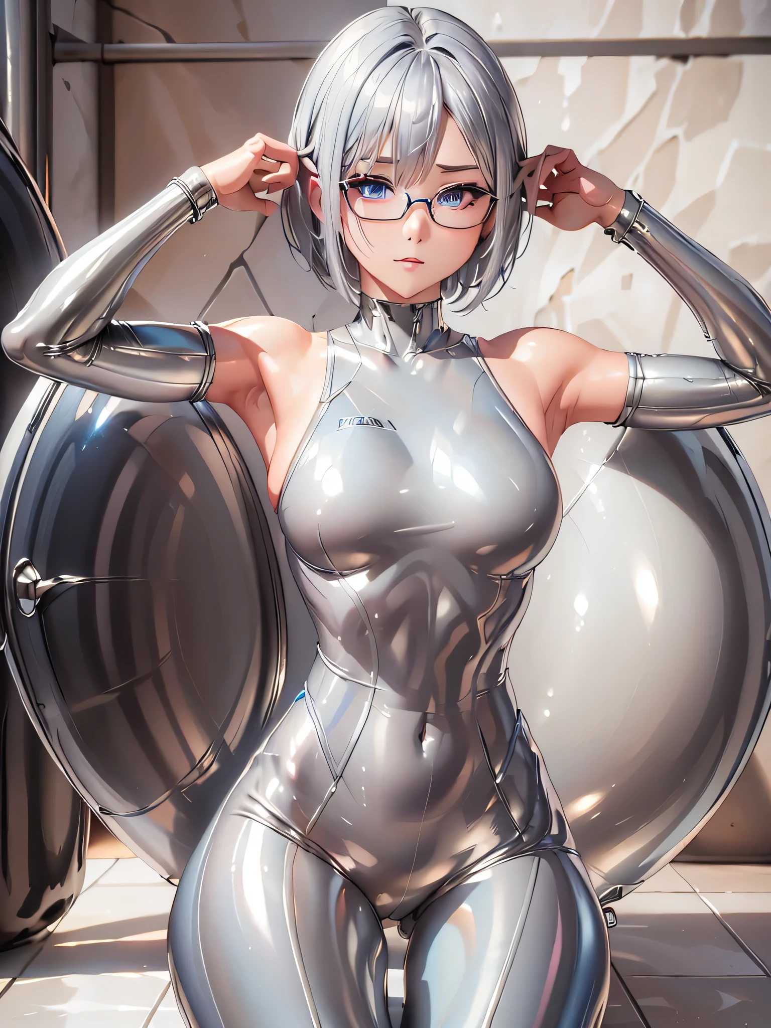 Top quality 8K UHD、short hair、pieces fly、silver hair、glasses uskul、Musculoskeletal system々、Upper body、Full body gloss、Beautiful woman wearing a full body silver metallic suit、A silver rubber suit that hides your lustrous skin