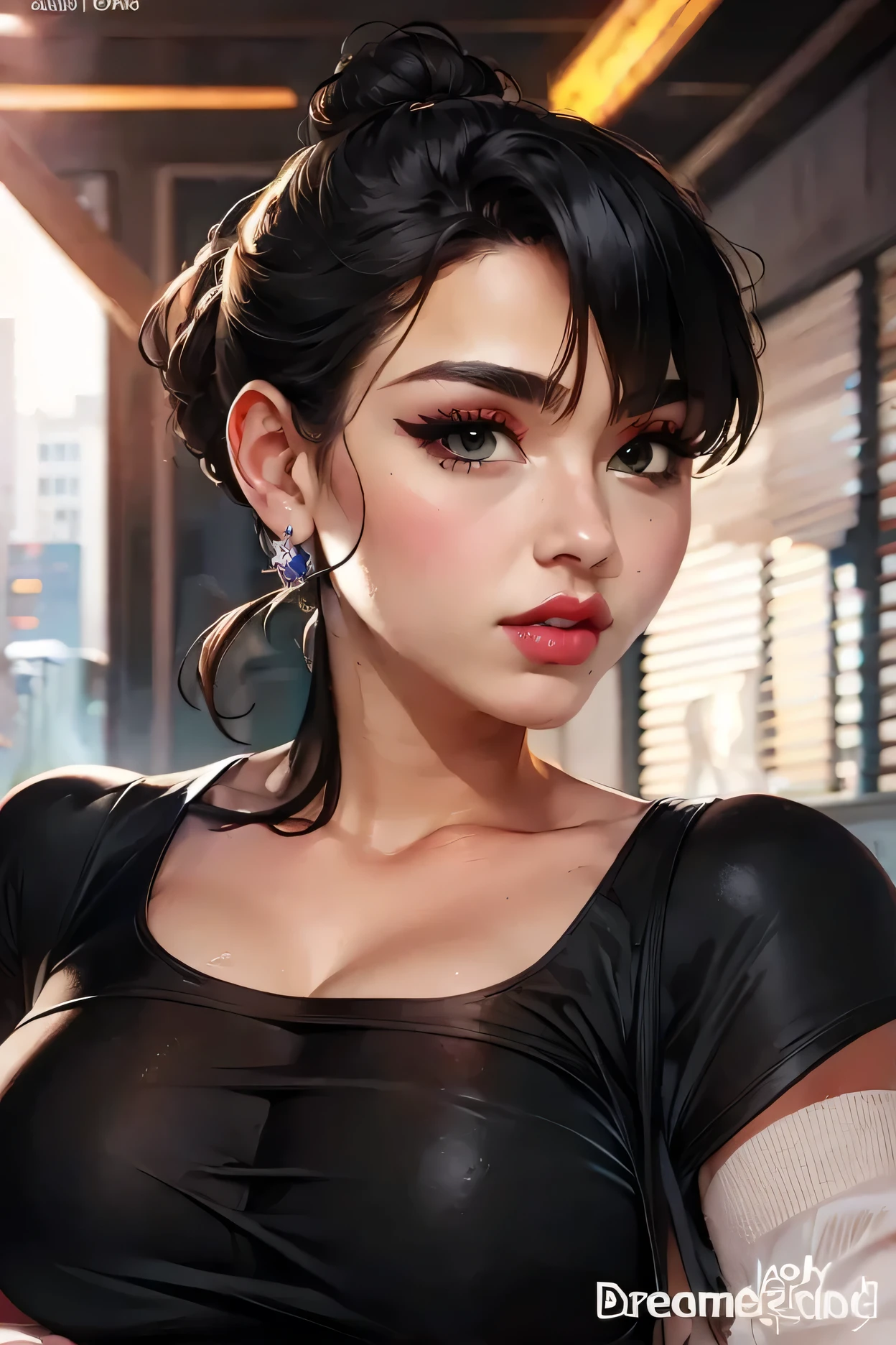 realistic, black bun hair kont top, black eyebrows, brown eyes, red thick lips, perfect face, (large breasts:1.3), white t-shirt