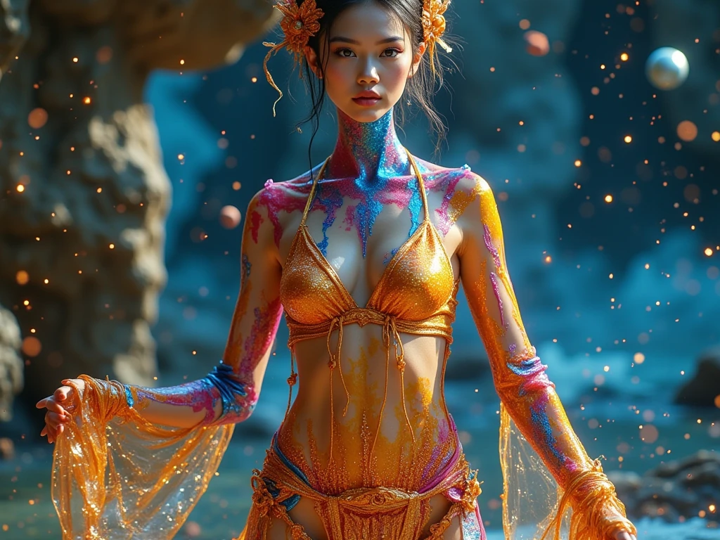 cinematic cgsociety,Flying Nine-Tailed Light Blue Sky Division Flame Long-haired Fox Star,een Erotica,Torch night black golden orange brocade silk snake print silk pants,Rouge diamond tulle sheer lizard-patterned leggings,Fat woman space fly in the snow,Front view,Pure transparency,Wear boxing gloves,Wear thick-framed reflective sunglasses with gold wire,Panorama ultra-wide angle,extremely happy,The texture of the real person is delicate,Strong visual impact,hyper-detailing,Dream girl,Refined face,prettyeyes,Hair strands float in the air, cherry Models,Zhou Xiaotong,crystal-clear,Good sense of perspective,Light and shadow effects,16K smooth,Surface reflected light,,Tropical canyon battle scene、Chinese big breasts、Quaint、three kingdom、ember、100 people、Telephoto vista(CG)、Intense CG battles、high detal、masuter piece、NSFW,Multi-layered long-sleeved gauze garment,Quick-dry vest,Linen sweater,Crocodile skin cape,golden shoulder pads, Silver hammer pattern cape, Burgundy body hair,Water vapor female spy,Shower buttocks green fruit milk jelly flat chest,Pine silk fish net knee brace space dance,Hexagonal prism,Put on a pineapple knife sprinkled with gold,extremely happy,Boundy winter rain(Tropical canyon battle scene)((Scenes))(Extremely detailed Cg Unity 8K wallpaper,Masterpiece, Best quality, Ultra-detailed)He played Huang Yaoshi in the movie,