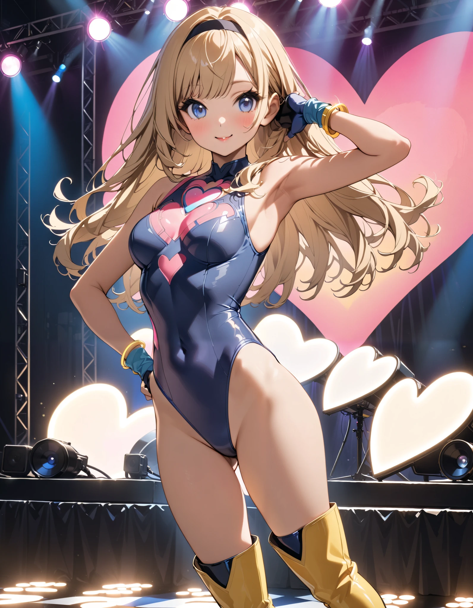 masterpiece, best quality, 1girl, ((bangs, blonde hair, armpit-length hair)), ((black headband)), blue eyes, beautiful detailed eyes, beautiful detailed face, cute face, perfect hands, complete fingers, perfect anatomy, perfect proportions, ((leotard, gymnastics leotard, dark blue leotard)), ((boots, yellow boots, yellow footwear, high heels)), breasts, medium breasts, covered navel, ((blue fingerless gloves, yellow bracelets)), (full body portrait), hand on hip, hands on hips, ((pink heart logo on chest)), (stage lights), looking at viewer, smile, :d, solo, solo focus, standing, body infused with yellow aura, cowboy shot
