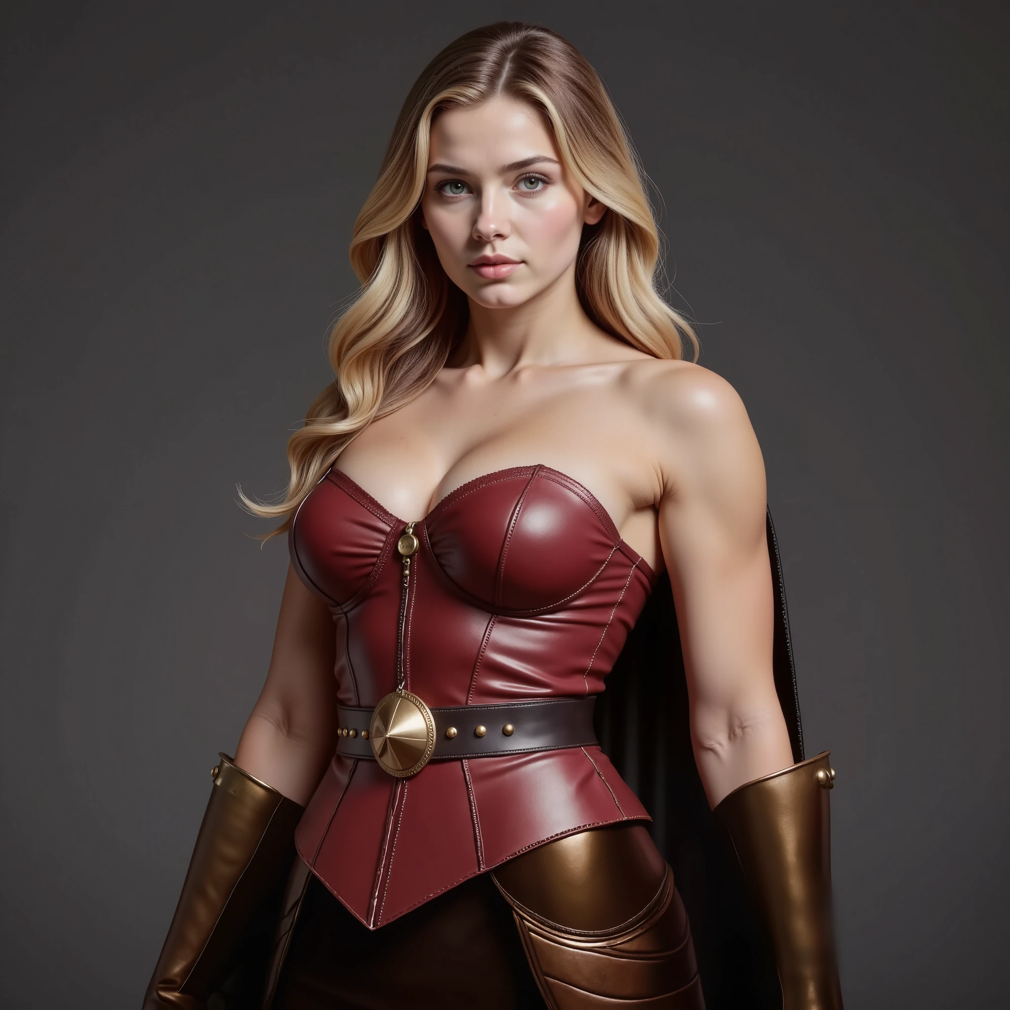 A strong and defined Amazon warrior with golden hair, wearing a striking red leather armor featuring bronze cups and a black leather belt. Her physique reflects strength and power, yet her face remains beautiful and captivating, highlighting a balance of grace and fierceness.