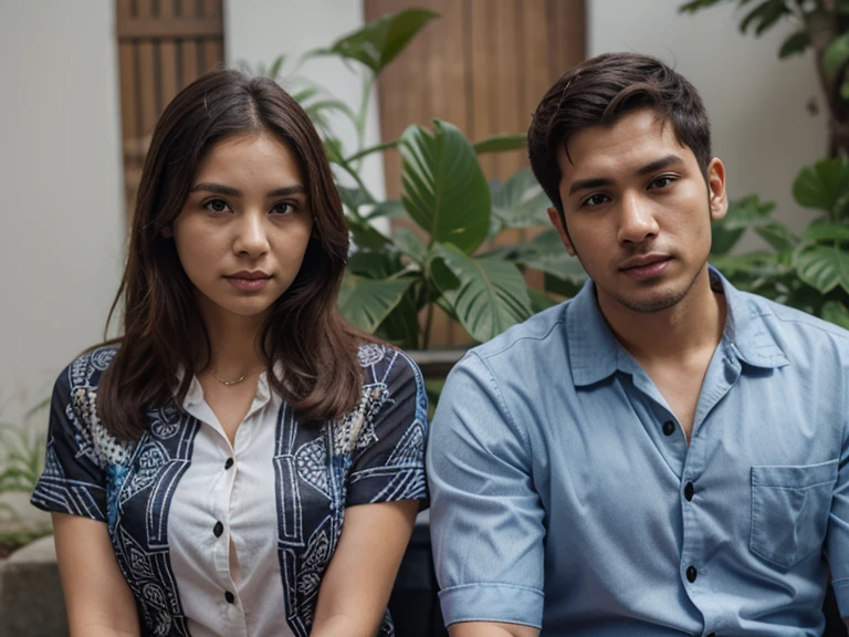 The man's shirt is light-black, his pants are black, and he has a watch on his left hand. The woman is wearing a light-purple dress, her hair is black, and she is wearing a watch on her right hand. Both are a couple. The color of the skin is pale. The floor is an old house indian cupple