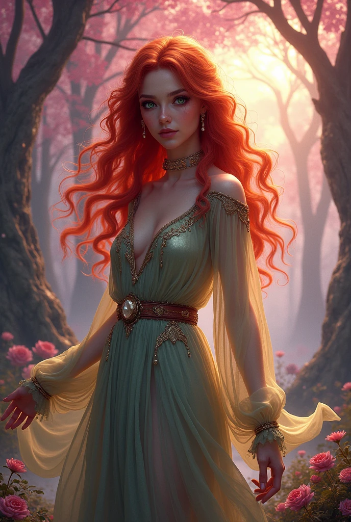 Lamia, Red hair, Red eyes, purple dress, asian.