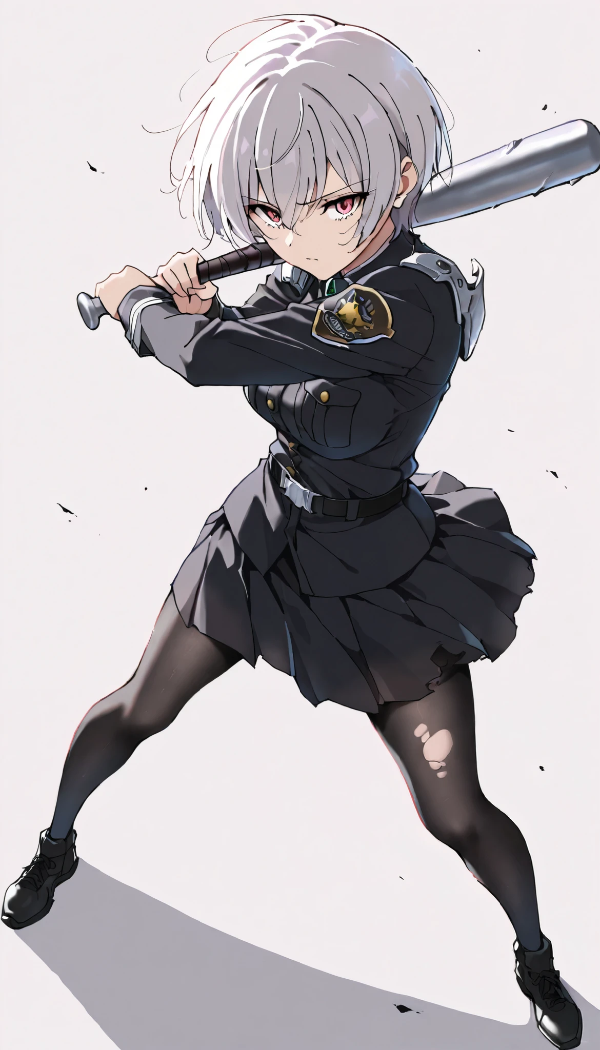 ((masterpiece)), (best quality), 1girl , Alone, simple background, temptation, delicate face, Hold a baseball bat , Battle Pose , full body, silver short hair, long sideburn, Disdainful Eyes, Black Stockings, damaged black police uniform, medium breasts, style: midjourney, white background, from above, two-point perspective