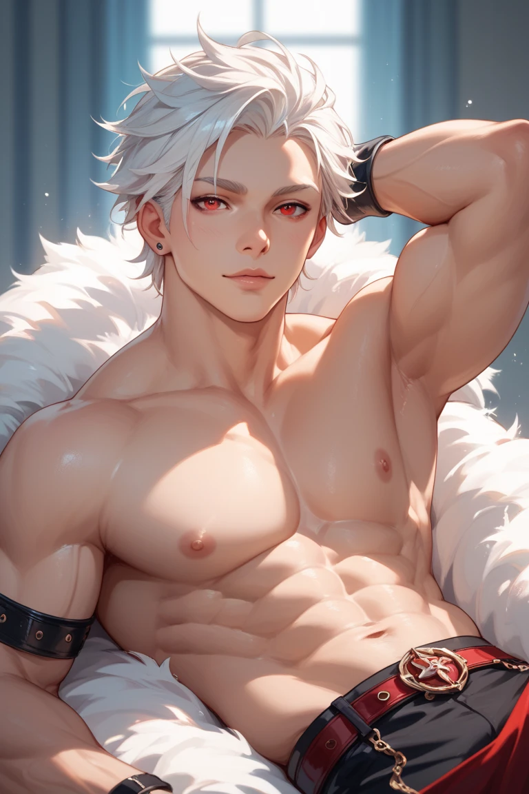 Vergil from Devil may cry Wearing in bikini Turns red horny Lying in bed handcuffed In the collar