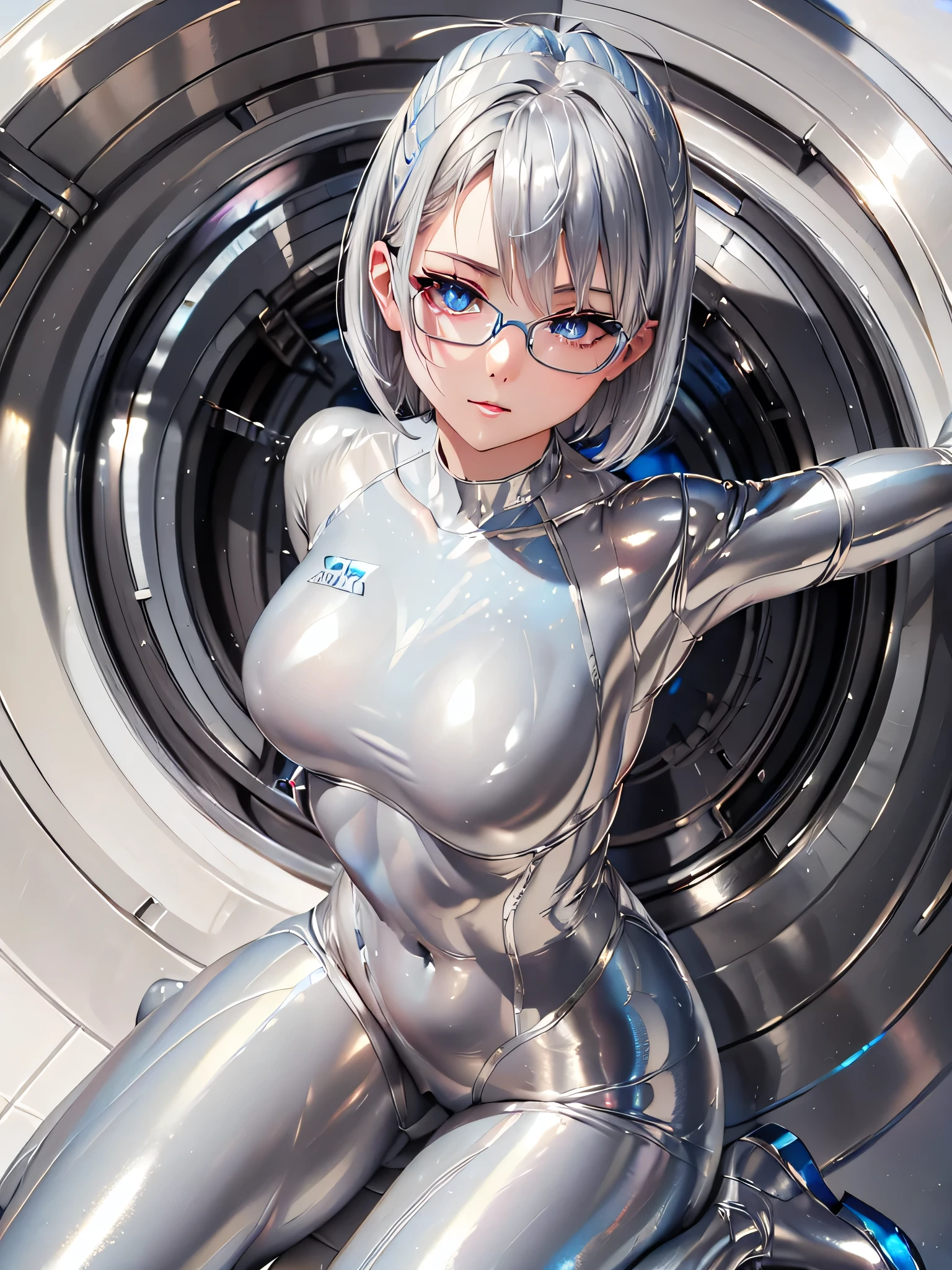 ((top quality)), ((masterpiece)), (details), (8k), (UHD), Close-up、short hair、Blue Eyes、 Silver Hair、Glasses、Spread your legs wide、Full body silver metallic enamel suit、Full body silver metallic enamel suit