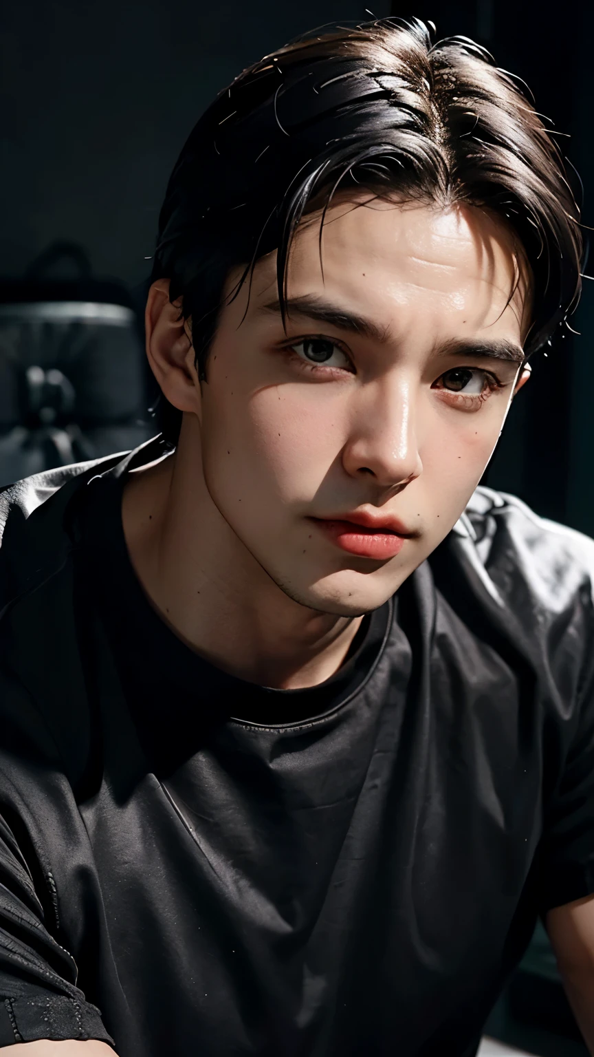 Young Bruce Wayne man black hair, big muscular body, black t-shirt, in dark room upper body close up shot