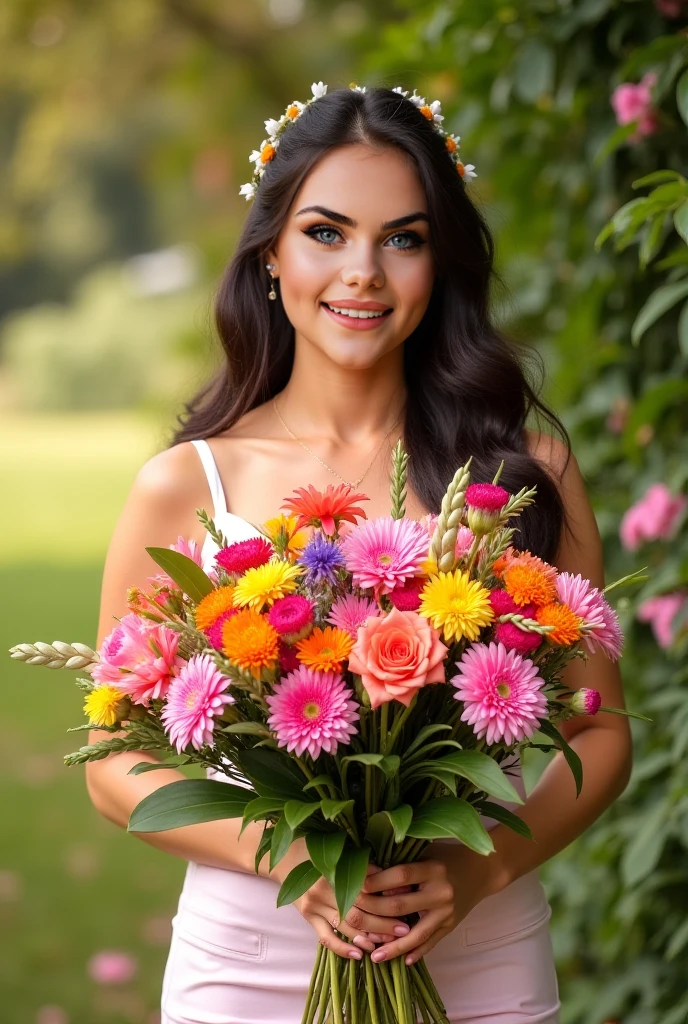masterpiece, best quality, highres, realistic, wide shot, full shot,full shot, full body,(flowers covered dress:1.4),looking at viewer,a girl wore royal dress that exposed his abs and thighs,Her has flower crowns, digital art, fantasy, solo, 1girl,beautifly, abs, realistic, large pectorals, navel, underwear, nipples,royal crowns,beautifly girl, brown eyes,black hair, looking at viewer,grasslands,