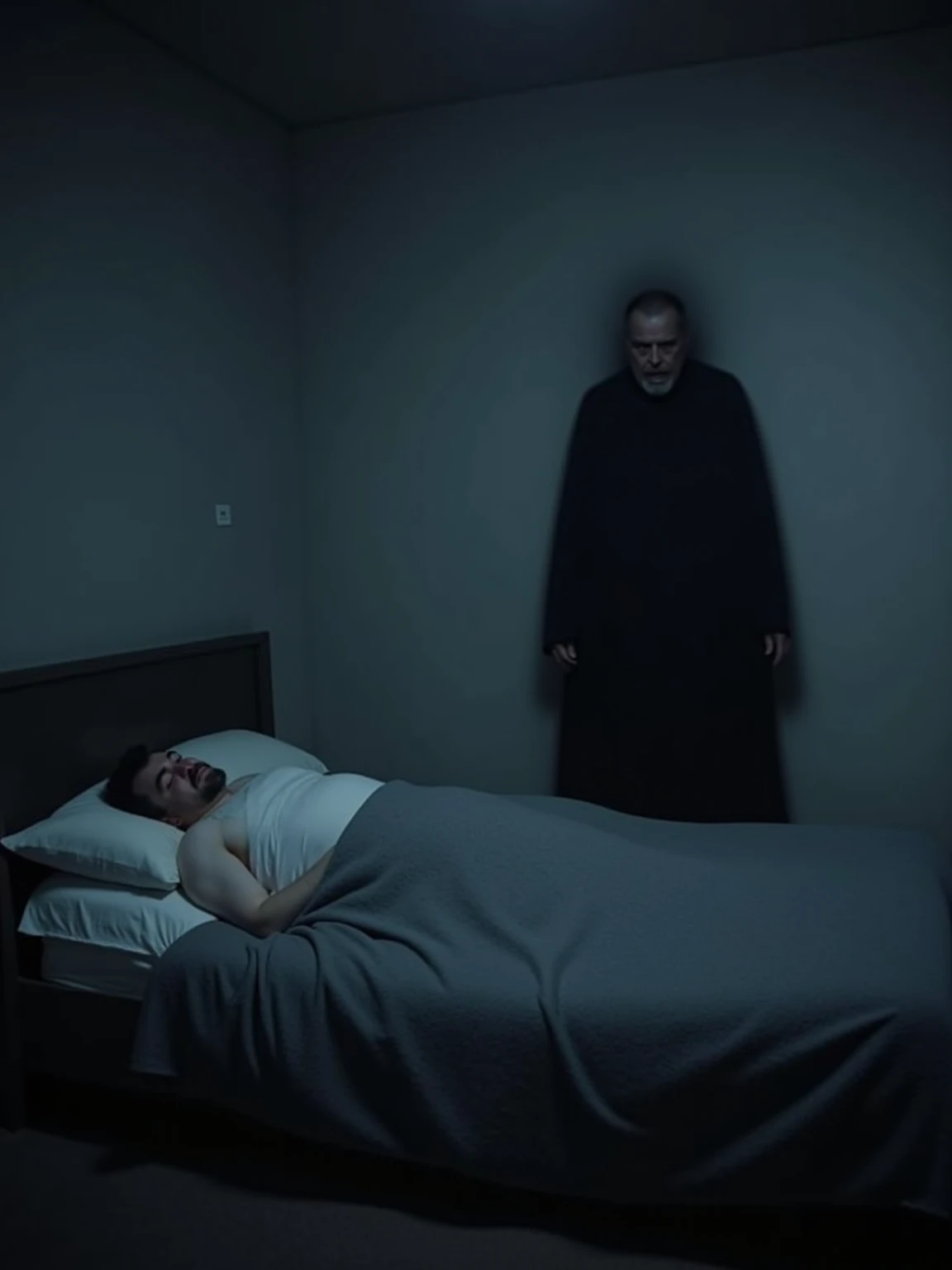 A person sleeping in their bed in the bedroom of their home, captured from a CCTV camera positioned in the upper corner of the room, simulating the real perspective of a camera installed in that location. The room is dimly lit by a faint night light. Next to the sleeping person, a demonic and evil old man paranormal figure appears, resembling a shadowy human form with blurred contours, exuding a mysterious aura. The image quality is characteristic of CCTV footage, with grainy tones and slight distortion, enhancing the eerie atmosphere of the scene