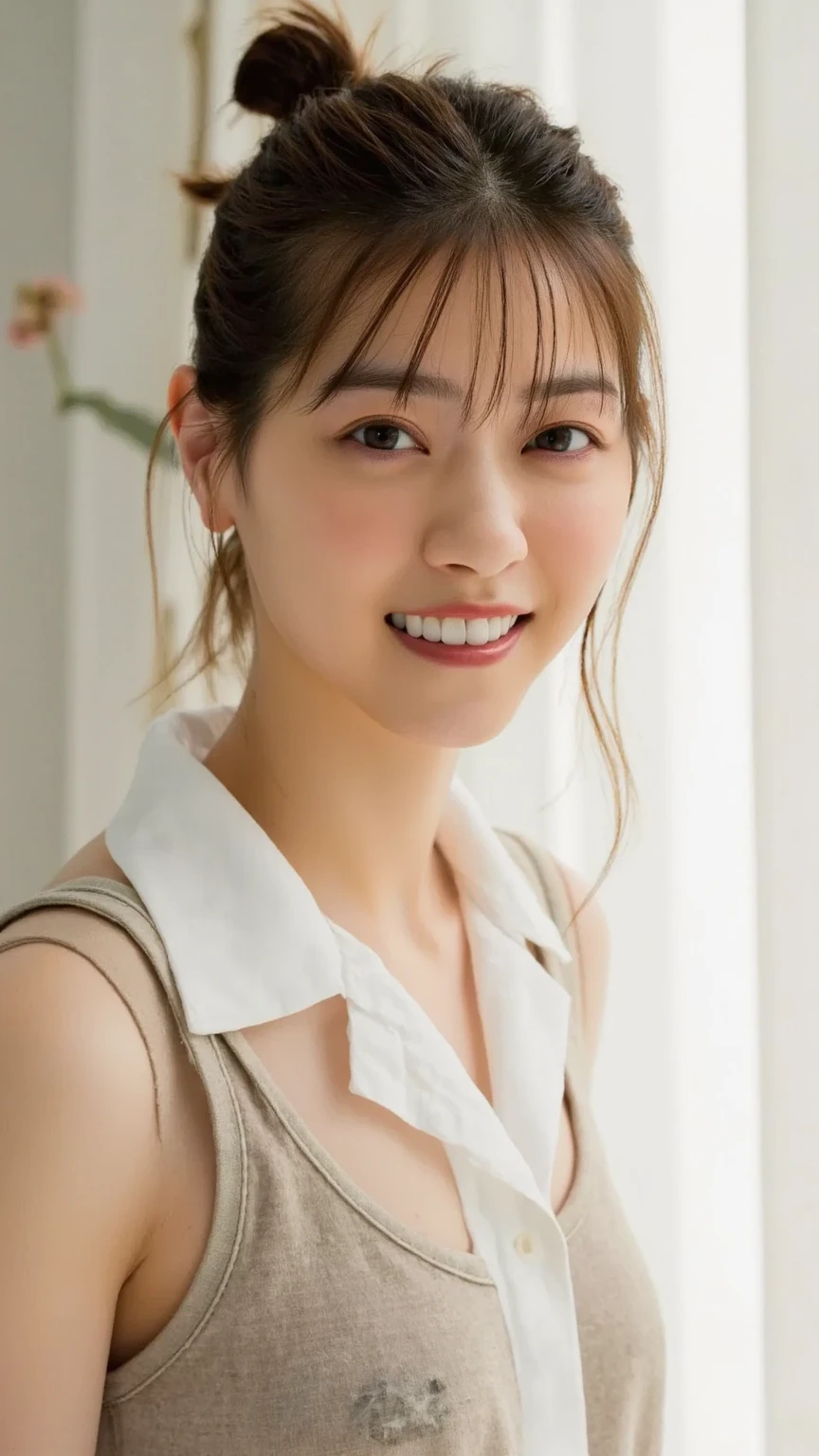 ((8K:1.27)、top-quality、​masterpiece、超A high resolution:1.2)Photo Beautiful Japan woman (pleasing:1.1) (White polo shirt clothes:1.21) Design by Gregg Lutkowski and Alphonse Mucha Intricate Elegance、Fantasia、detaileds、Geometry、Gradient lighting、1girl in、26 year old、Delicate skin、looking at the spectator、Brown-eyed、(short flaxen hair:1.2)、(tiny chest:1.0)、(medium areola:0.8)、(Photorealsitic:1.4)、(top-quality:1.0)、(超A high resolution:1.0)、(without hands:1.0)、8K、Raw photography、 (Representative songs: 0.2), (pureerosface_v1:0.5)、Tight clothes、Tight clothes、tote bags、Sleeveless、Onepiece、Sleeveless、（see -through）、Laugh、a necklace、Linen material、The shirt、Ginza 4-chome、After work、Business Fashion、Parted bangs、Hair is tied up、Close-up hairstyles、Gentle smile、up chest、（Raise your arms to show your armpits）、big butts、You can see cleavage from the chest、