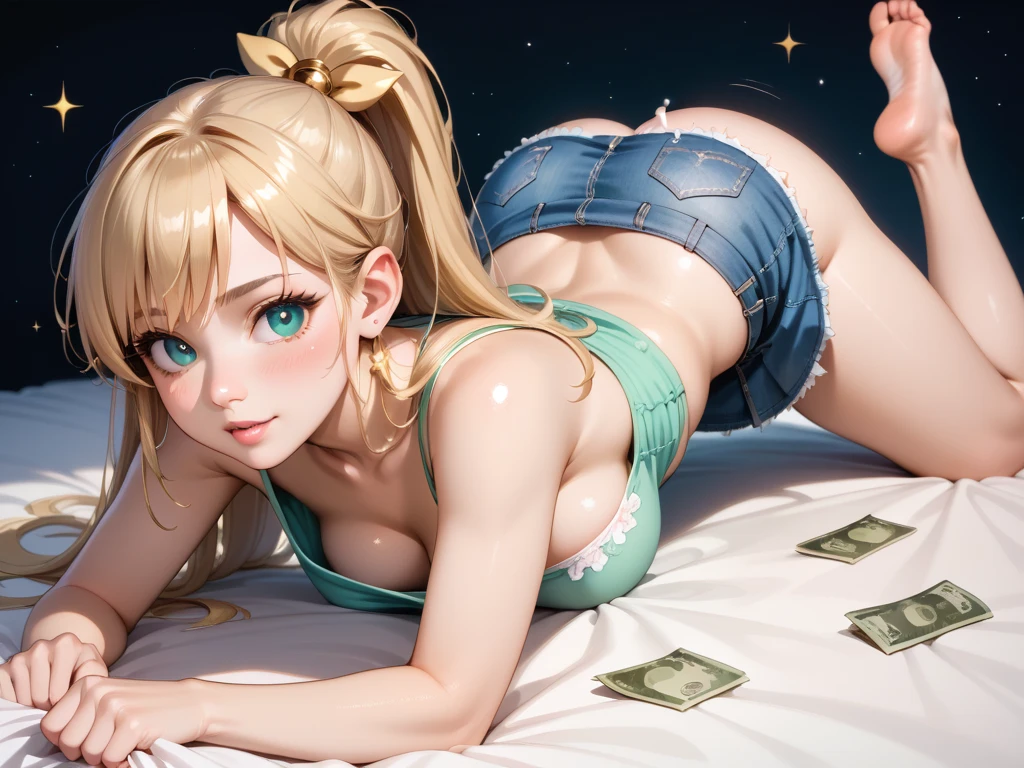 Luxury hotel beds、Shy look、sitting on the bed with your back turned、money on the bed、A lot of banknotes are scattered on the bed、undressed underwear、cute blonde girl、middlebreast、cute face、elegant sleek smooth body、full body Esbian、Short bob hair、a blond、blue eyes、semi nude