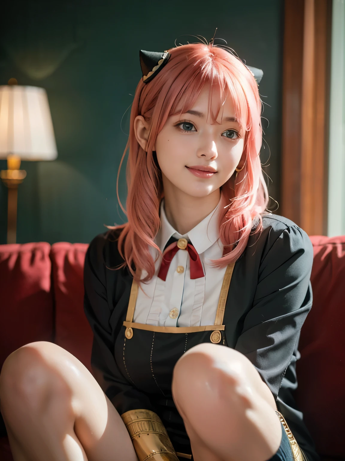 1girl, Alone, (cute Japanese girl), 18yo, Young female, slim body, (smile:1.2), (Looking at camera:1.3),
break
(close up:1.35), Sitting with Knees Up on sofa, spread legs,
break
Professional photo-realistic images, (16k, RAW photo, best quality, masterpiece:1.2), (realistic, photo-realistic:1.4), (extremely detailed 8k wallpaper), sharp focus, depth of field, blur background, bokeh, cinematic lighting, soft light, High resolution 16k close-up of human skin,
break
perfectly round breasts, (huge breasts:1.2),
break
Anya Forger, Anya, SPY X FAMILY
break
ahoge, medium hair, (pink hair), cone hair bun, hairpods, hair ornament, bangs, green eyes, hairs between eyes
break
eden academy school uniform,
neck ribbon, red ribbon, wing collar, collared shirt, white shirt, black dress, long sleeves, gold trim, black socks, mary janes,
break
in the shies room, Germany, Nuremberg