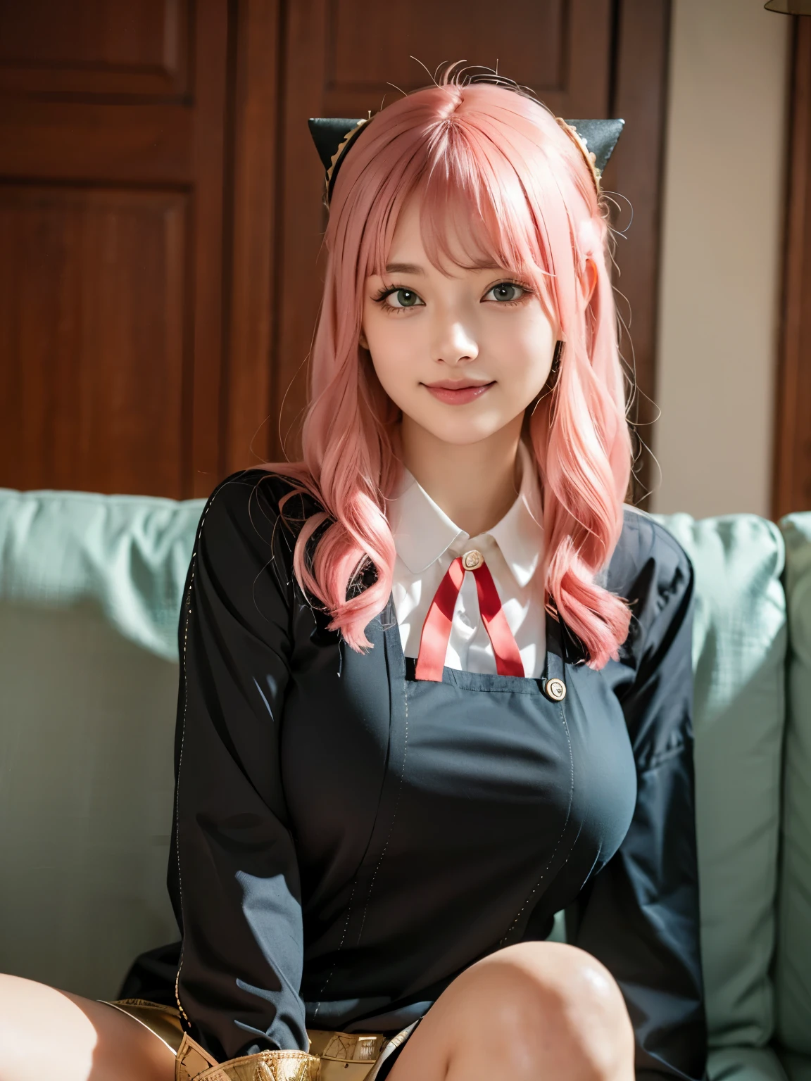 1girl, Alone, (cute Japanese girl), 18yo, Young female, slim body, (smile:1.2), (Looking at camera:1.3),
break
(close up:1.35), Sitting with Knees Up on sofa, spread legs,
break
Professional photo-realistic images, (16k, RAW photo, best quality, masterpiece:1.2), (realistic, photo-realistic:1.4), (extremely detailed 8k wallpaper), sharp focus, depth of field, blur background, bokeh, cinematic lighting, soft light, High resolution 16k close-up of human skin,
break
perfectly round breasts, (huge breasts:1.2),
break
Anya Forger, Anya, SPY X FAMILY
break
ahoge, medium hair, (pink hair), cone hair bun, hairpods, hair ornament, bangs, green eyes,
break
eden academy school uniform,
neck ribbon, red ribbon, wing collar, collared shirt, white shirt, black dress, long sleeves, gold trim, black socks, mary janes,
break
in the shies room, Germany, Nuremberg