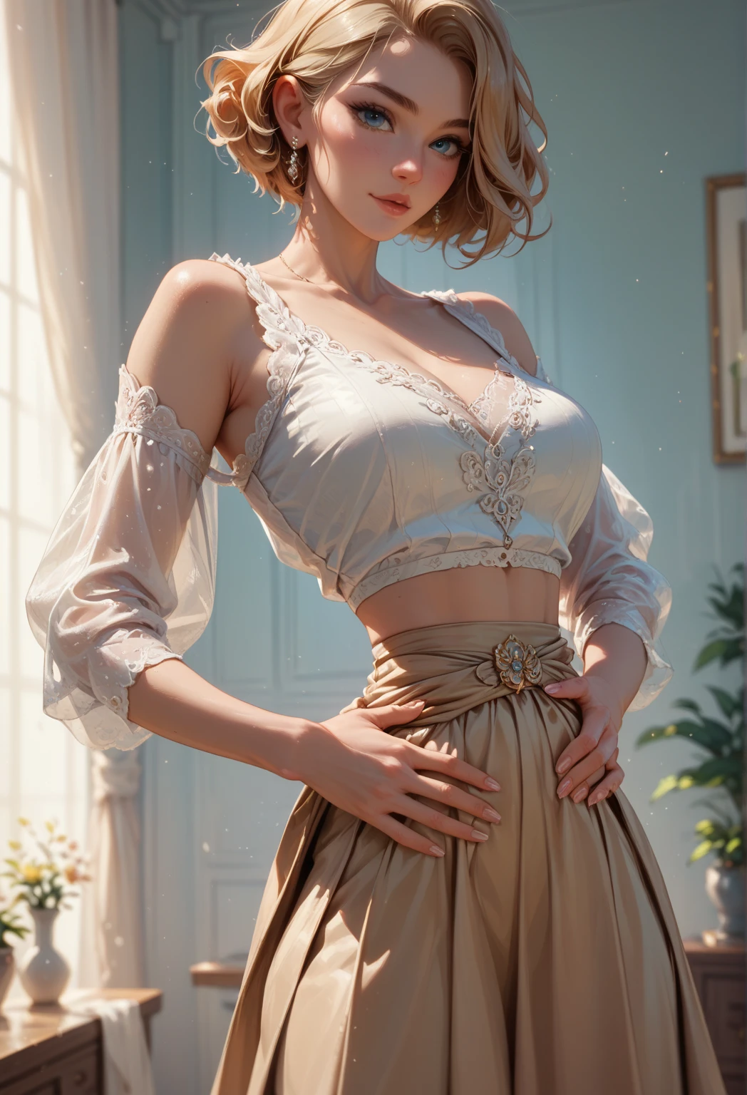 24 year old Caucasian female、blue eyes、Silver Hair、Straight Hair、Hair becomes wavy、Sexy proportions、Narrow waist、Hips for easy childbirth、Wear an off-the-shoulder lace dress、smile、