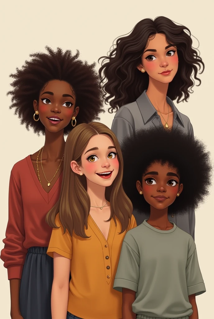 Create a drawing with 6 people .5 girls , the characteristics of the first girl is : medium curly hair,  eyes browns ,chestnut hair ,Caucasian skin ,blue sweatshirt and jeans  .Characteristics of the second girl : big hair ,smooth and black , brown skin ,black eyes , black sweatshirt and jeans , the third girl : skin black , eyes browns , curry hair,white blouse and jeans,.