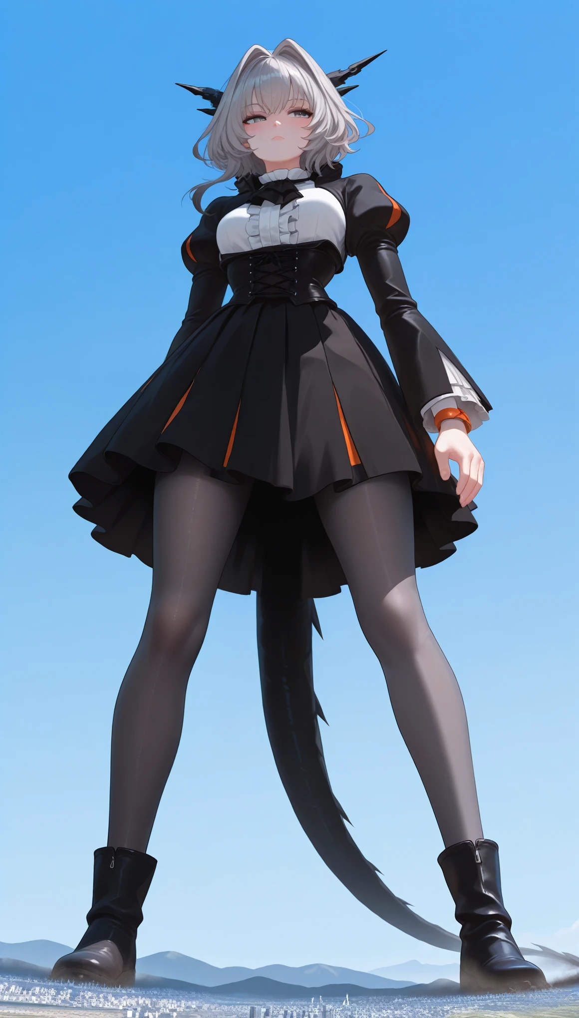 one woman, one person only, tlhdef, dragon tail, short hair, grey hair, hair intakes, black horns, dragon horns, grey eyes, black jacket, cropped jacket, open jacket, juliet sleeves, underbust, orange bracelet, white shirt, center frills, black ascot, black corset, black skirt, (giantess:1.4), microcity, blue sky, Outdoors, long boots, from below,white skin,Grey Stockings