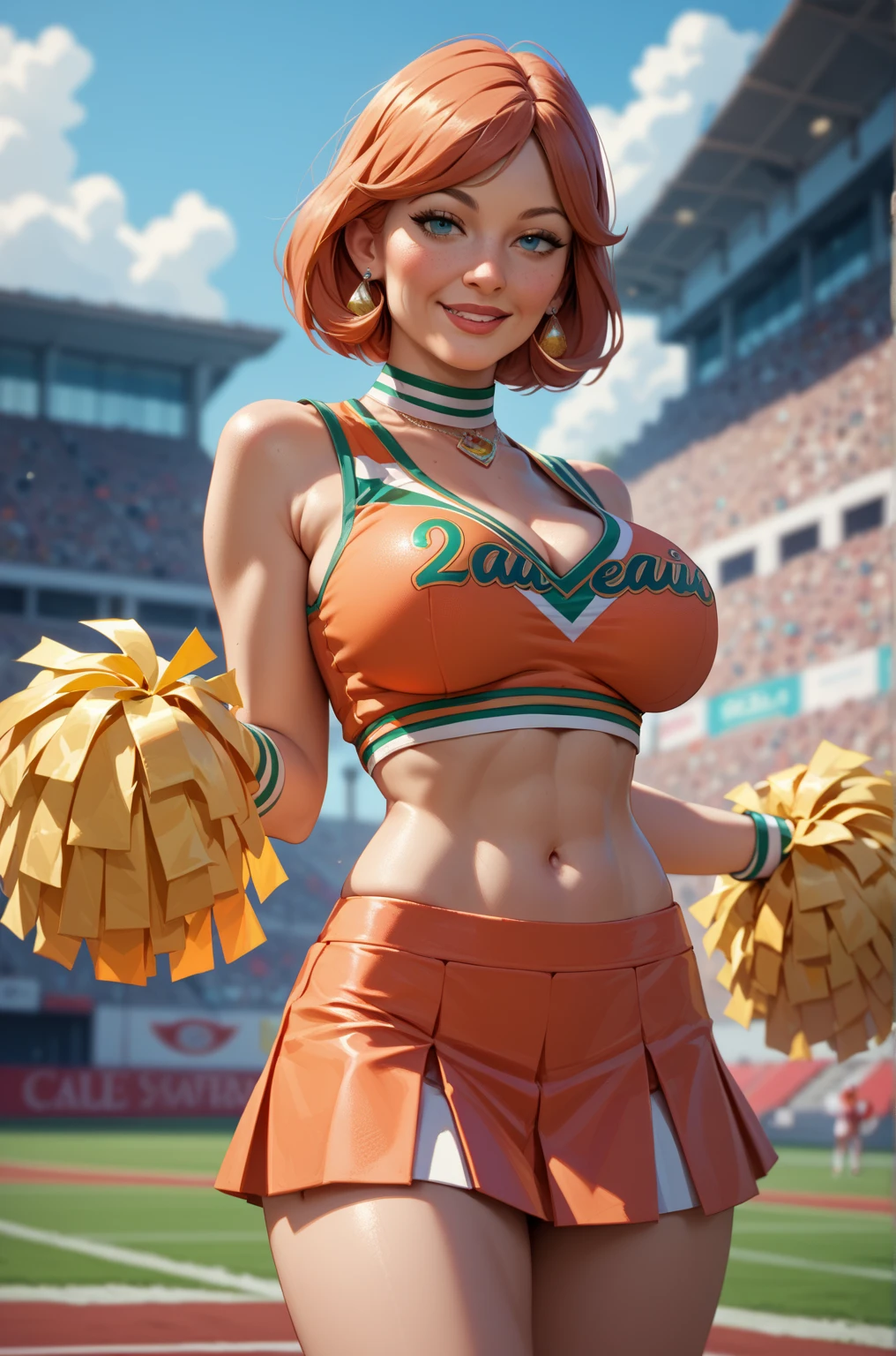 Beautiful girl, slim fit body , crop top, mini skirt , long curly red hair , cheerleader, big breasts