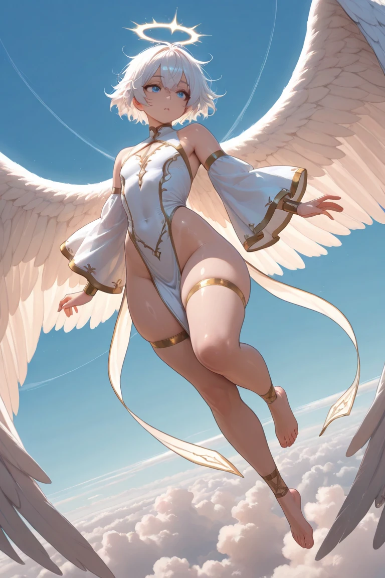 (((1girl))), ((best quality)), ((masterpiece)), ((ultra-detailed)), (illustration), (detailed light), (an extremely delicate and beautiful), (beautiful detailed eyes), (sunlight), ((extremely light)), ((extremely clothes)), (((hyper detail)))
(((adorable white lingerie))),
high twin pig tails, ((((white silver hair)))),
(((yellow gold eyes))),
((angel)), (((angel wings))), ((angel halo)),
(((whole body))), aged 13 to 16,
(((extra adorable))), (((extra slender shape))),
(((extremely beautiful detailed face))),
(mischievous smile with sexual satisfaction), (adorable smile),
(((condescending expression))),
(((jump up high above the magic circle))), (((((Dutch angle))))),
((())), (from below),
(((extremely thin thighs))), (((white stockings)))