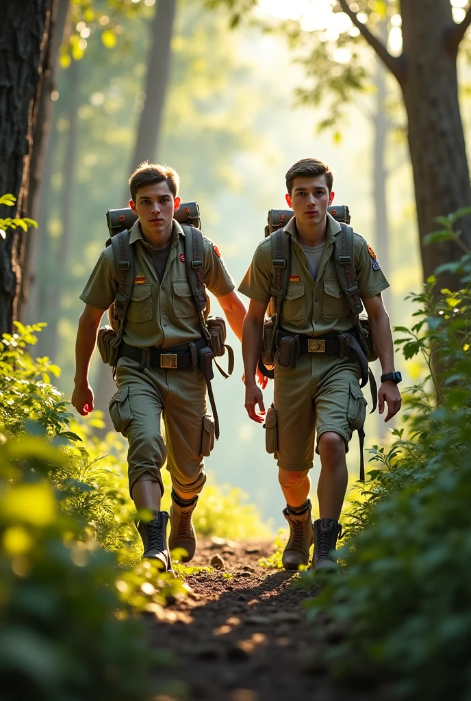They are 12-year-old twin blondes with green eyes. One has an energetic and curious expression, dressed in rugged survival attire. Another one appears more serious and focused, also dressed in practical survival gear with a pragmatic touch. 