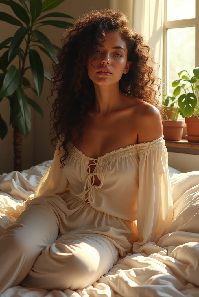 (photorealism:1.2), beautiful woman, sitting on bed, wearing loose off-shoulder top, pajama pants, long curly hair, indoors, soft lighting, plants in background, window with sunlight, cozy room, relaxed pose, realistic, intricate details, warm colors, by Greg Rutkowski, by Alphonse Mucha