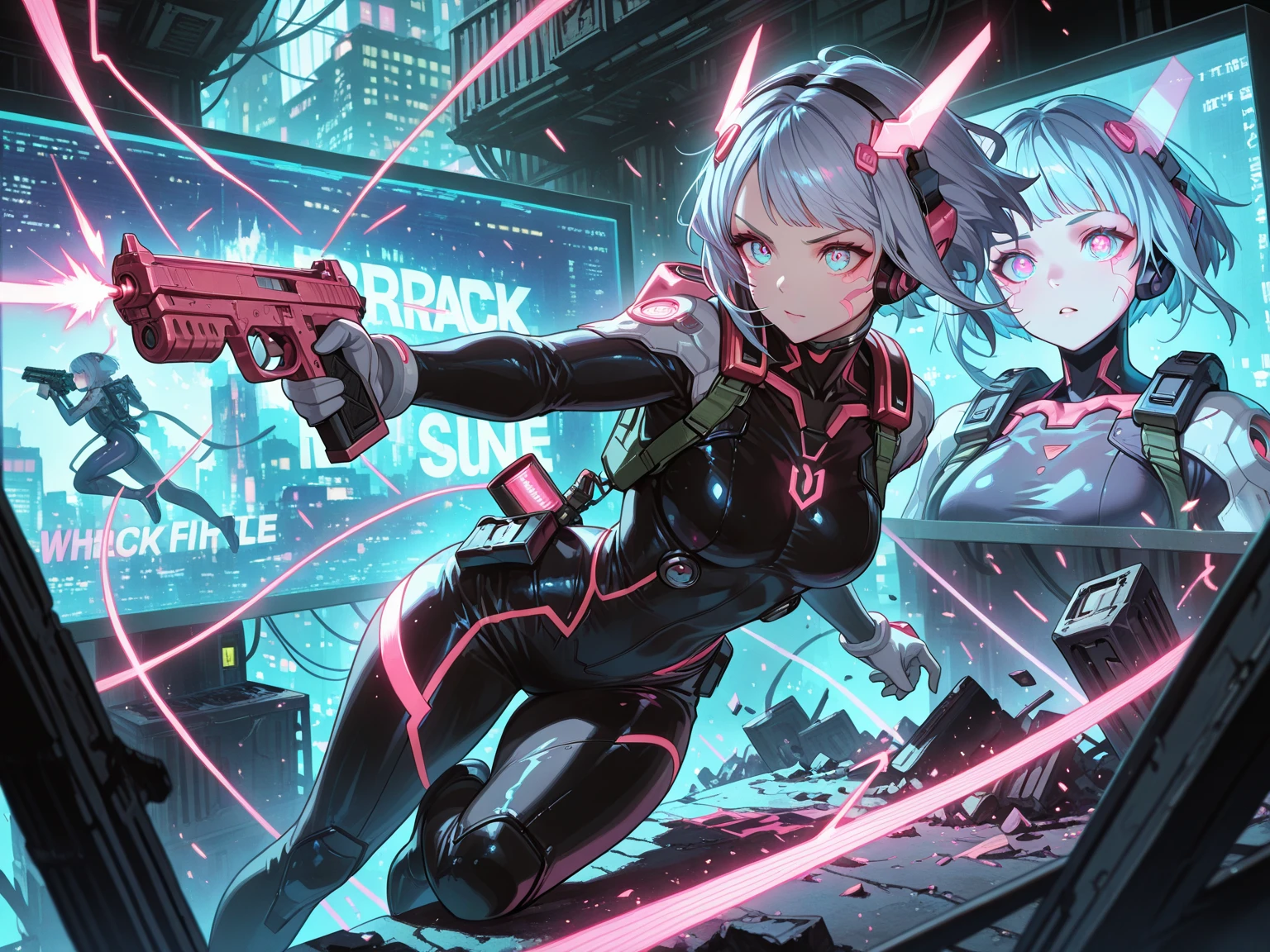 (masterpiece:1.3, best quality, high-resolution:1.3, intricate, absurd:1.3, 8k wallpaper, delicate facial features:1.3, extremely detailed, super fine illustration, good anatomy), BREAK, 2girl:1.5, BREAK, (1girl\White tight battle suit with pink glowing lines\In front of the screen\On the left\Holding an assault rifle), BREAK, BREAK, BREAK, (1girl\In the back of the screen\On the right\Black tight battle suit with glowing lines\Firing a handgun), BREAK, BREAK, BREAK, highly detailed background, Near-future urban warfare, Cyberpunk city, Light rays running through the air, Dynamic angles, Speedy images, Beautiful light and effects, Beautiful color expression