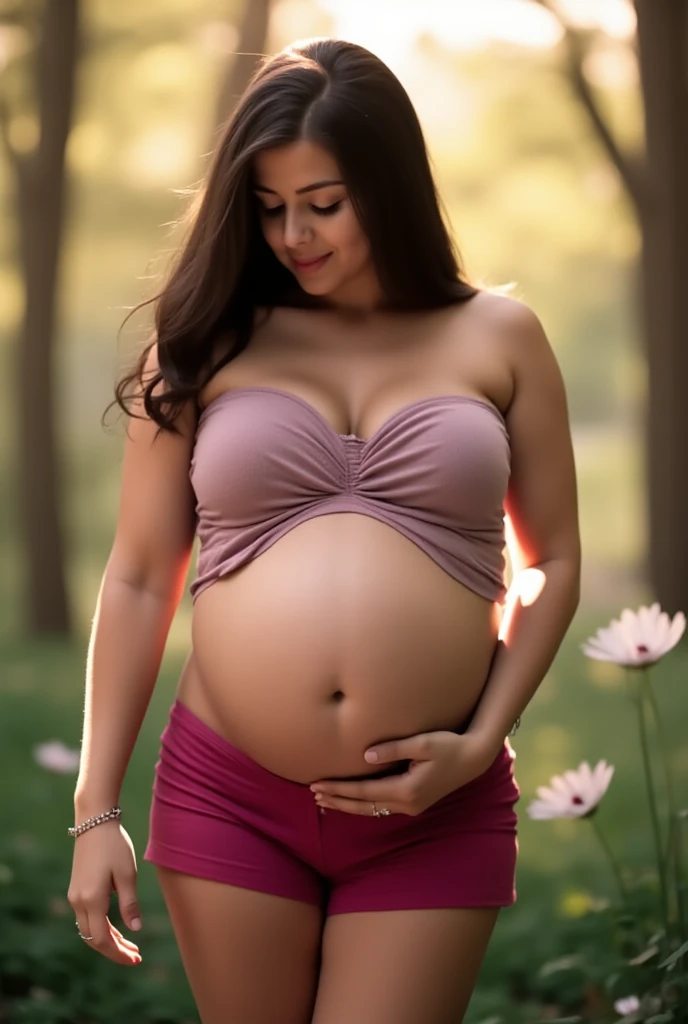 Uma belissima pregnant woman nua, in a garden well lit by sunlight, ultra detali, photorrealistic, best qualityer:1.2, pregnant woman, beautiful detailed belly, dark hair, soft lighting, serene expression, gentle touch, subtle emotions, delicate texture, ethereal atmosphere, artistic portrait of motherhood, glowing complexion, calm and peaceful environment, graceful pose, tender maternal bond, feminine beauty, delicate curves, captivating and warm colors, exquisite skin tones, details Intricate, realistic shading, precise contour, fine brush strokes, realistic rendering, masterful craftsmanship, emotional depth, timeless elegance, intimate and personal moment, maternal glow, soft lighting e natural, captivating aura, maternal happiness, gentle and radiant, magnetic gaze, calming and peaceful, harmonious composition, motherhood journey, dear and precious memories, full body naked, perfectbody