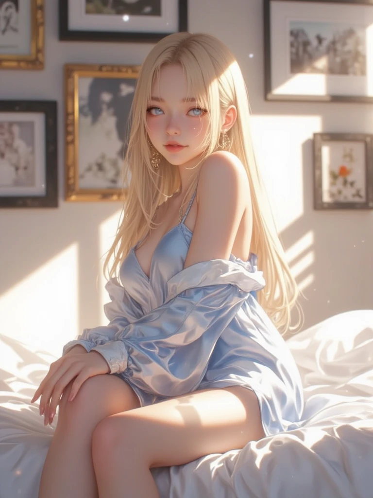 Bright expression、Photorealism,Anime Style、highest quality、超A high resolution、picture、Photos of the most beautiful Scandinavian anorexic girls、A cute and beautiful face down to the last detail、Small Face、(Purelos Face_v1:0.008)、Beautiful Bangs,17 years old、Completely naked,Glowing White Skin、Thin and slender body,Small Tits(A Cup),ponytail、Bangs on the face、Hair between the eyes、Super long hair、Glamorous light platinum blonde super long silky hair、Beautiful bright transparent light blue big eyes that are charming and shining、double eyelid、eyeliner,Completely naked,Thin legs,Spread your legs,Writhing in bed,To urinate,Cramp,Get orgasm,