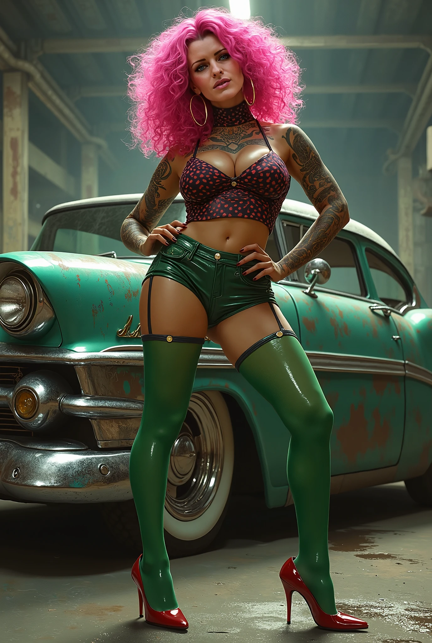 Asian girl ,bimbo,enlarged lips,big blue eyes,short hair green,gigantic lips,Huge silicone ,narrow waist,gigantic ass,bubble butt,huge round ass,wide hips,thick thighs,long legs,smeared makeup,(clothes: Studded leather jacket,high-waisted leather trousers,ankle boots,chain on trousers,belt,choker,necklace,earrings),long fingernails,manicure,(orgasm face),(face of ecstasy),(high quality),(hyper realistic),( realism),(8K,UHD),tattoo chest,tattoo shoulders,tattoo stomach,tattoo throat ,tattoo legs,wide claves,(sexy pose,standing ),looking at camera,(sluty makeup),((masterpiece)),(role model:metal head ),((detailed face)),solo,pumped ass,perfect women,very tan skin,wet chest,wet ass,(location:garage ),(piercing nose,piercing eyebrow,piercing lips),(full body:1.5),side view,show ass