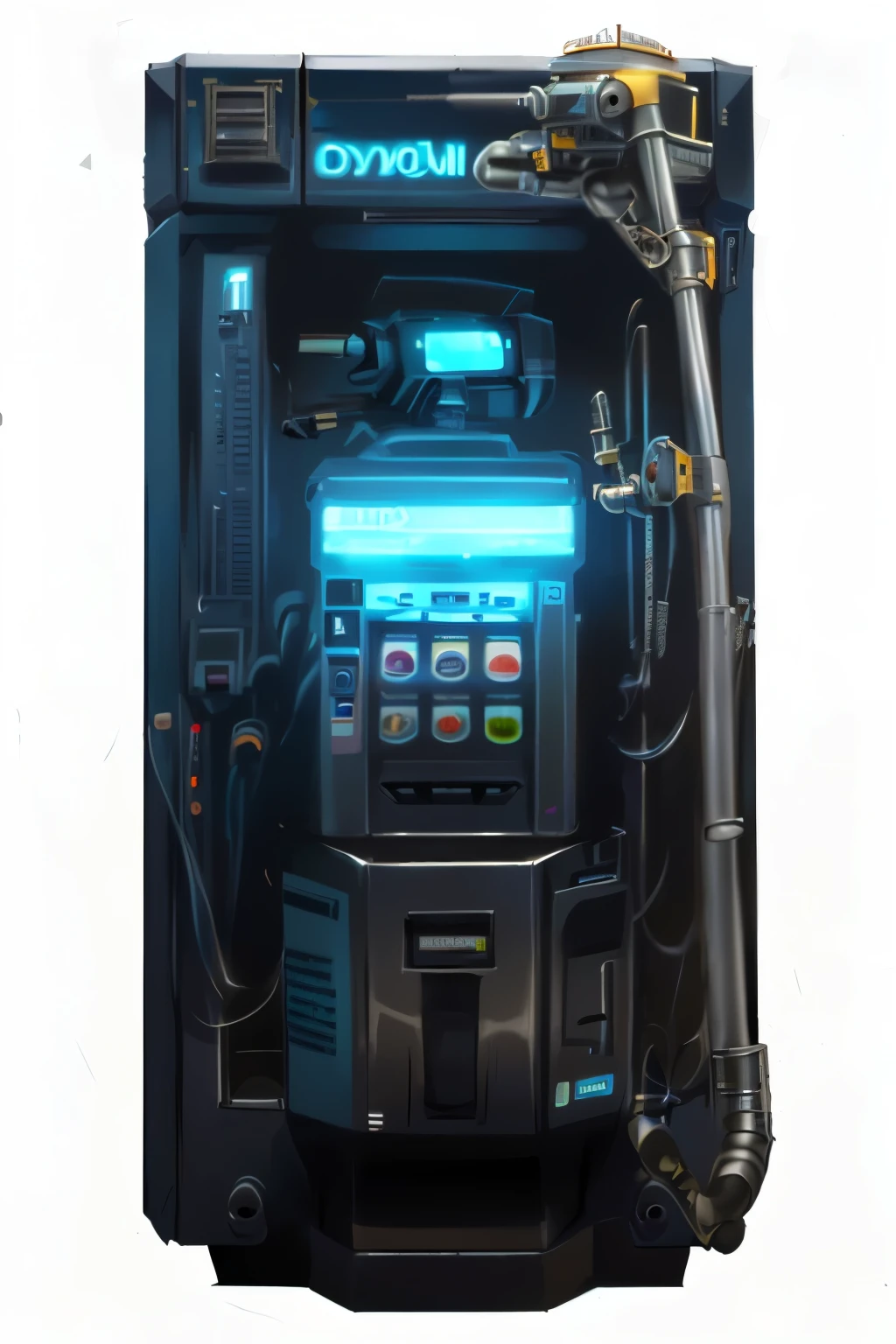 a close up of a machine with a clock on it, sci-fi vending machine, sci - fi vending machine, droid, sci-fi computer, sci - fi equipment, pit droid, sci-fi skin, concept art-h 0, portrait of a cyberpunk machine, concept art | dyson, airbrush concept art, concept art h 8 0 0